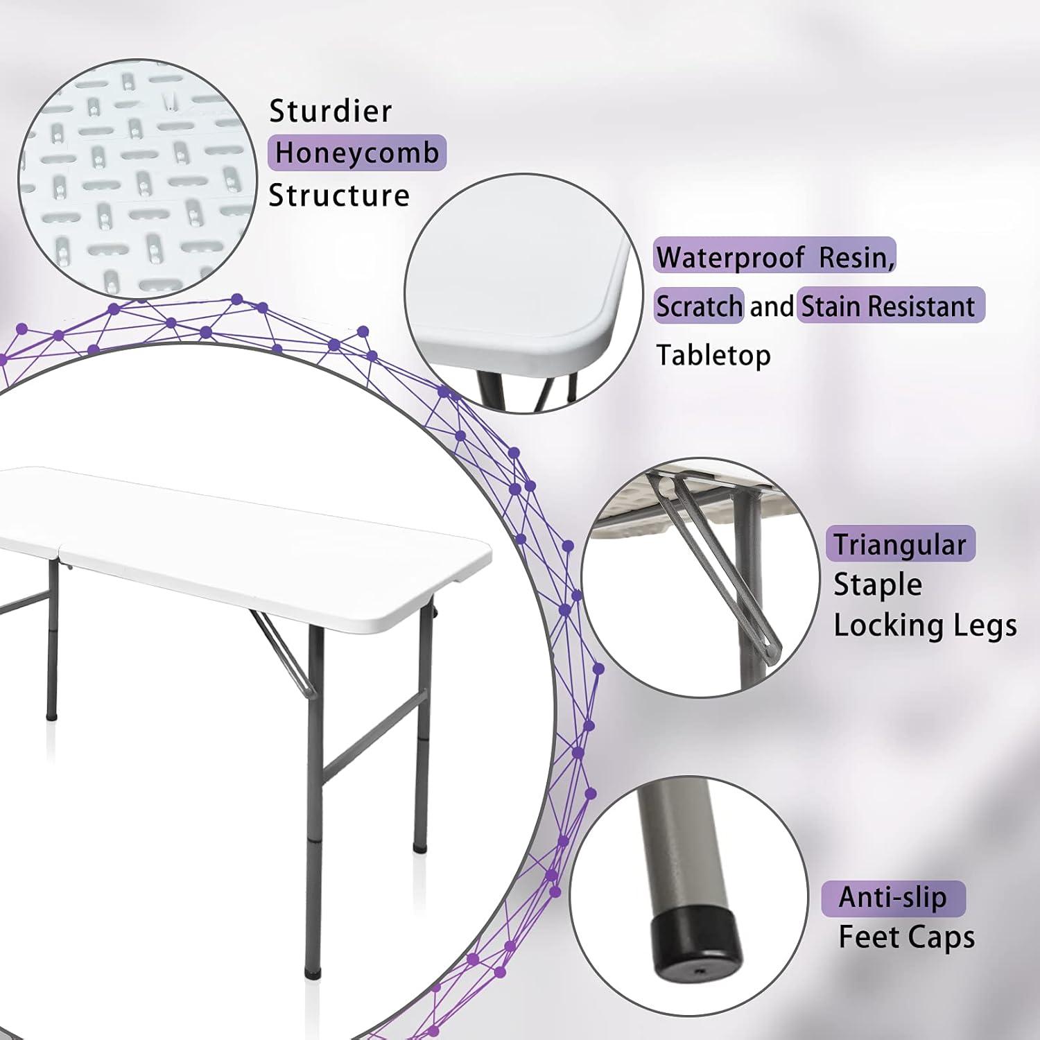 4 ft Portable Folding Table, Idustrial Heavy-Duty Foldable Table, HDPE Plastic Table, with Carrying Handle, Locks, Stright Legs for Indoor & Outdoor Party, Barbeque, Camping, Board Games - White