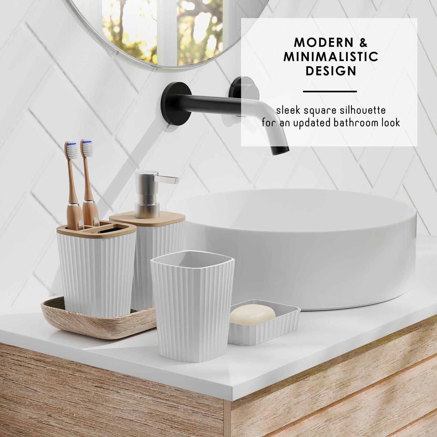 Clara Clark Bathroom Set - White Bathroom Accessories Set, 6PC Bathroom Accessory Set, Bathroom Sets with Adhesive Corner Shower Caddy Hanging, Toilet Brush, Trash Can & Soap Dispenser