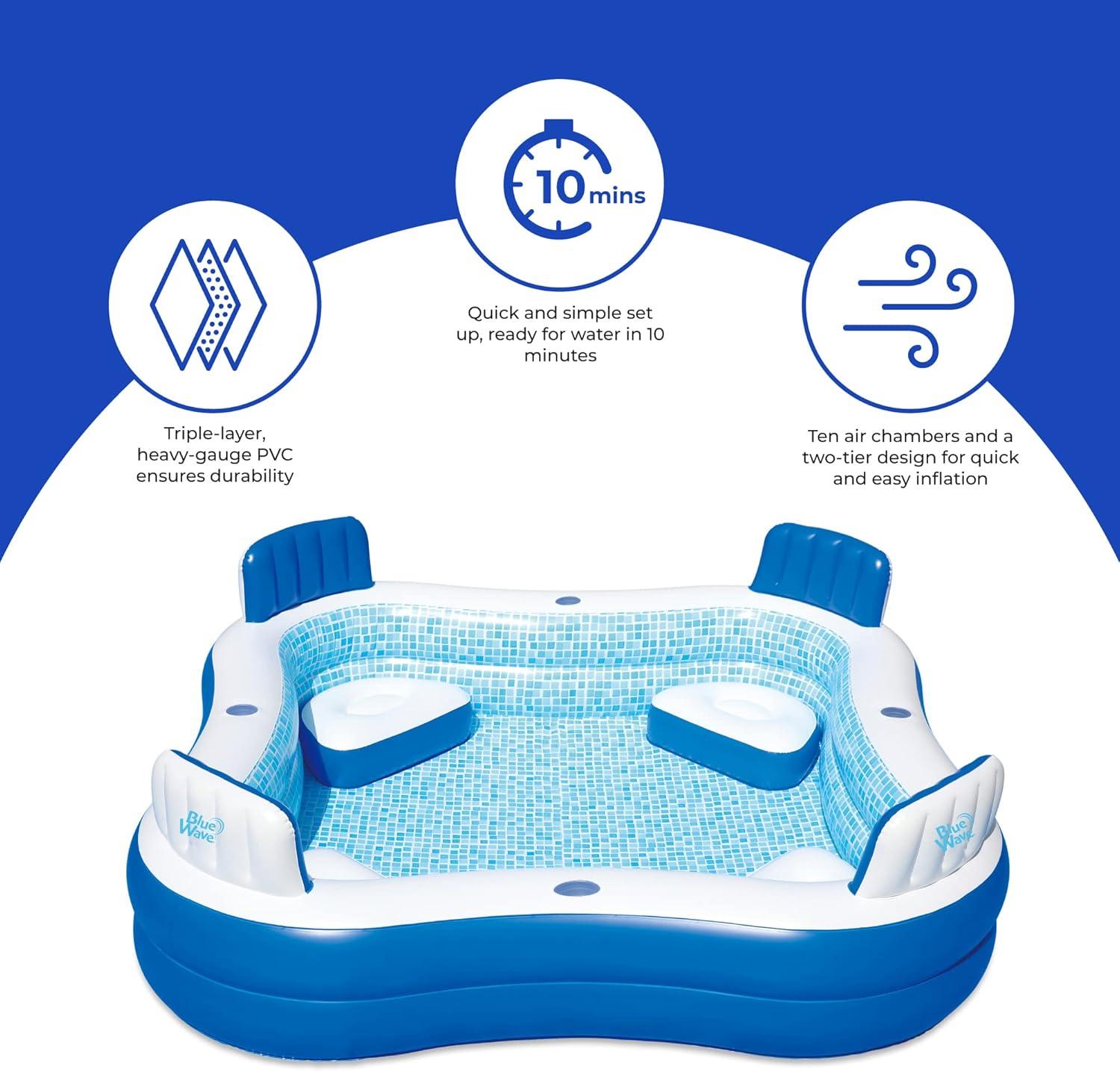 Blue and White Square Inflatable Pool with Cushioned Seats