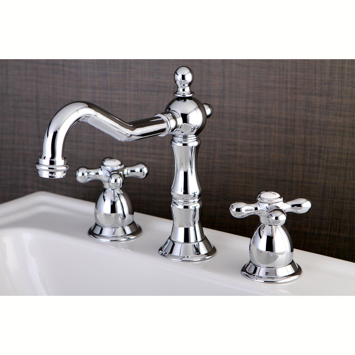 Kingston Brass Heritage Two-Handle 3-Hole Deck Mount Widespread Bathroom Faucet with Brass Pop-Up Drain