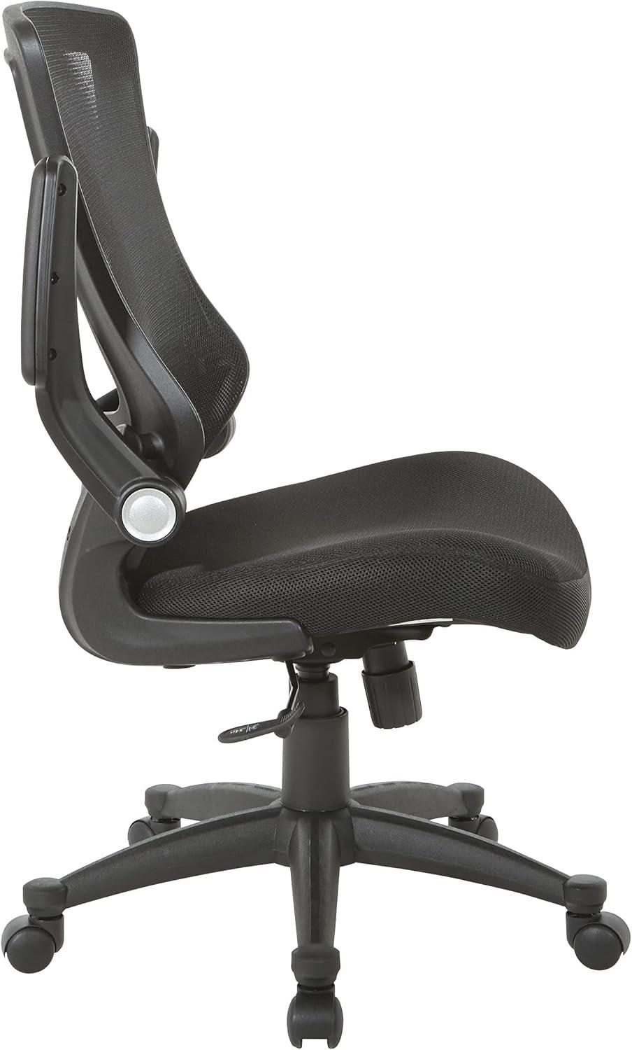 Office Star Products Screen Back Manager's Chair in Black Mesh Seat with PU Padded Flip Arms with Silver Accents