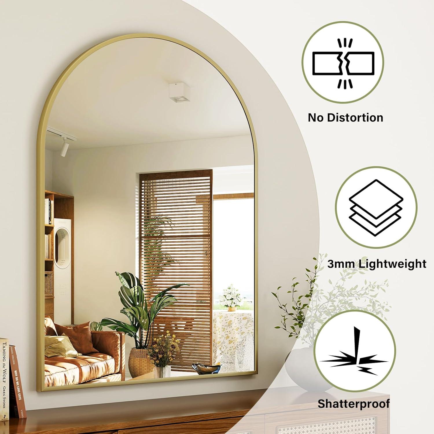 Luxhomez 36" x 24" Arch Wall Mirror for Vanity/ Bathroom, Metal Bathroom Mirror with Waterproof Aluminum Alloy Frame, Gold