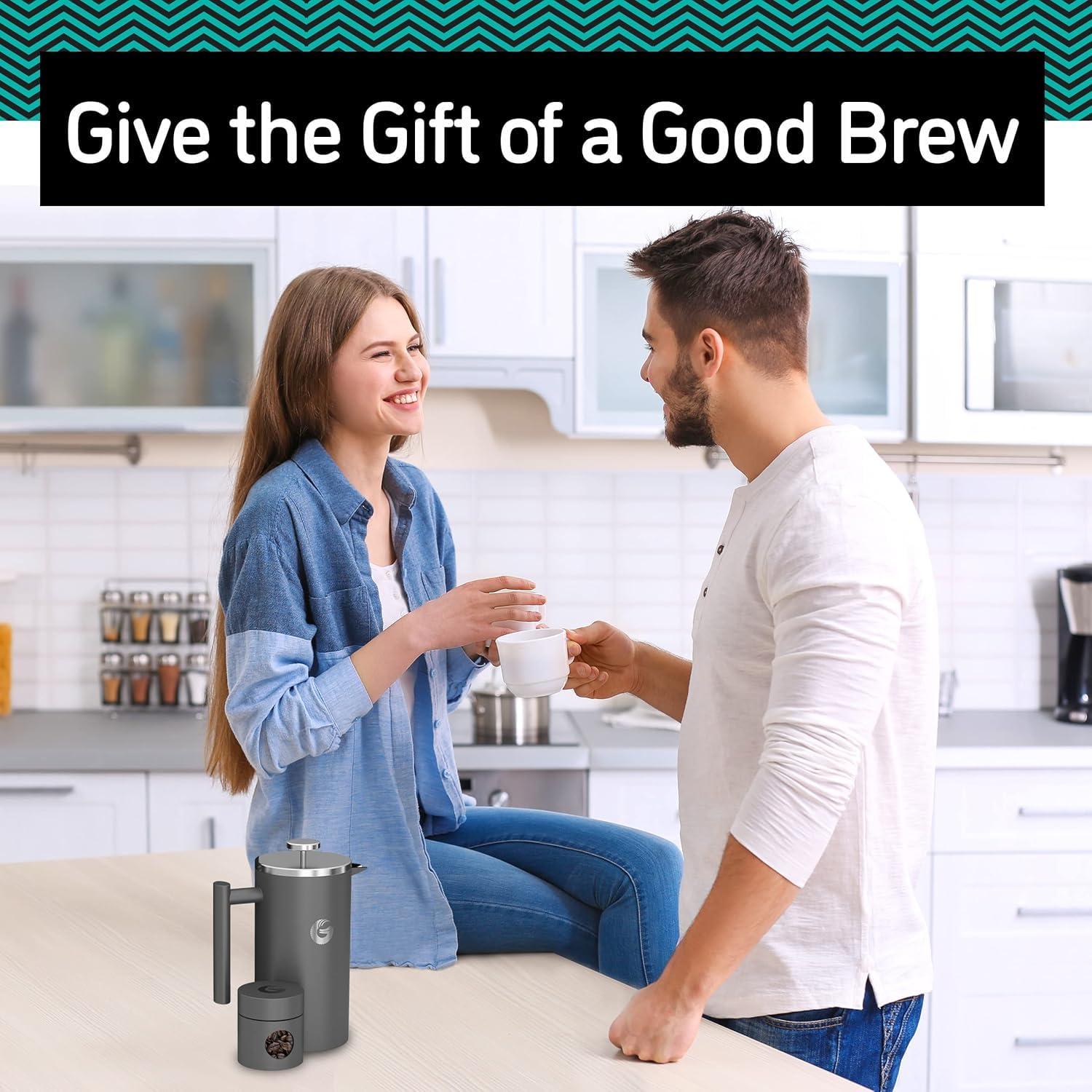 Gray Stainless Steel Thermal French Press Coffee Maker with Travel Jar