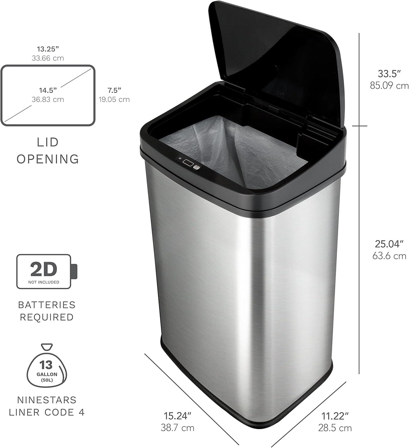 13 Gallon Stainless Steel Touchless Motion Sensor Trash Can with Black Lid