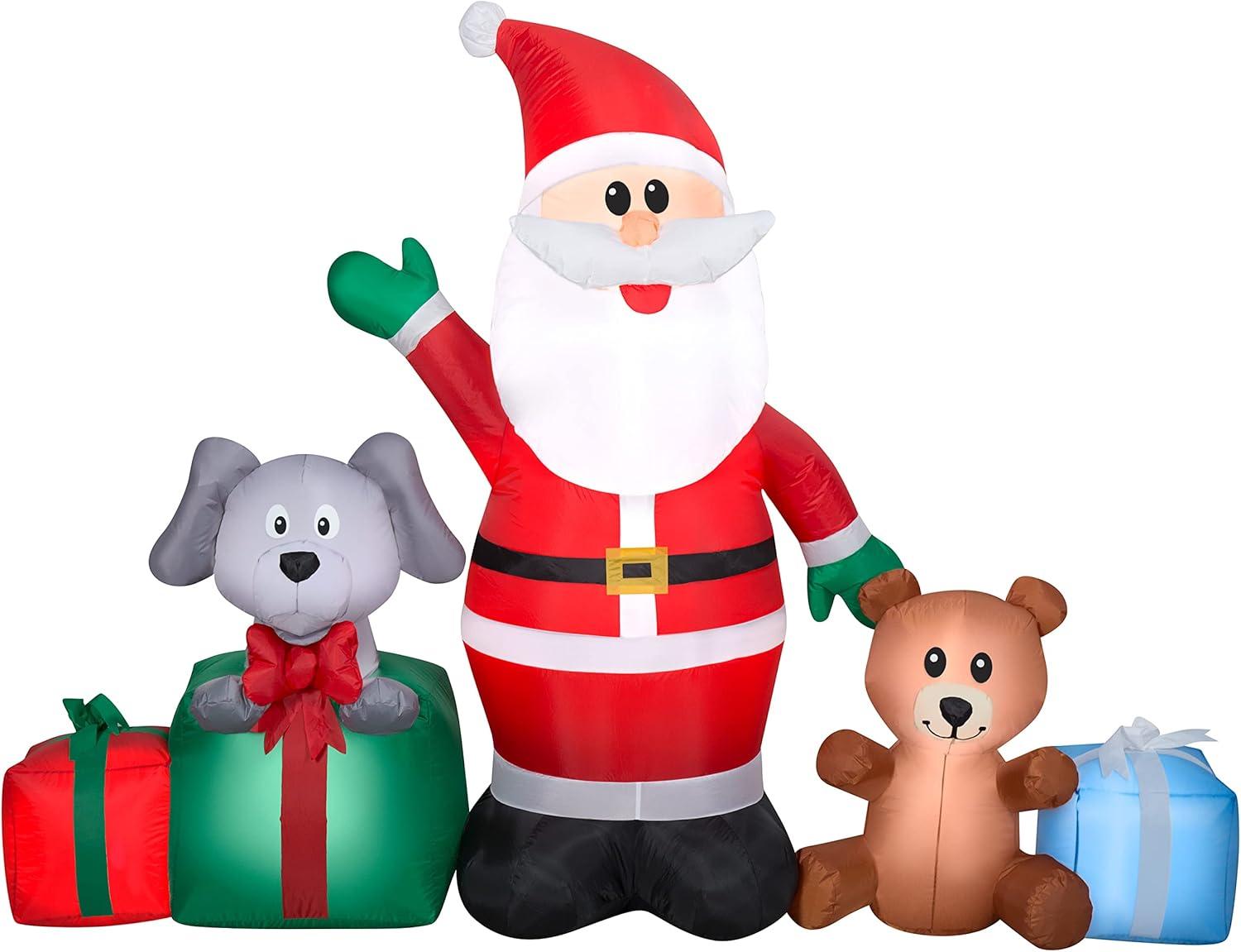 Gemmy 5 ft Red Inflatable Santa with Puppy and Teddy Bear