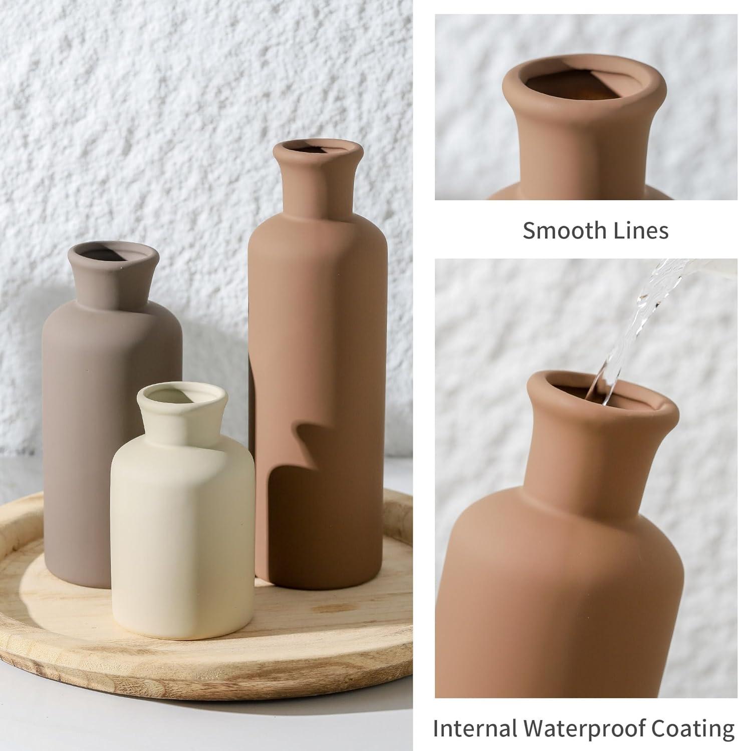Lark Manor™ Set Of 3 Ceramic Vases, Modern Neutral Home Decor For Farmhouse, Rustic, Or Boho Style - Perfect For Fresh Or Dried Flowers, Table, Mantel, Shelf, Entryway, Living Room, Kitchen, Bathroom - Brown