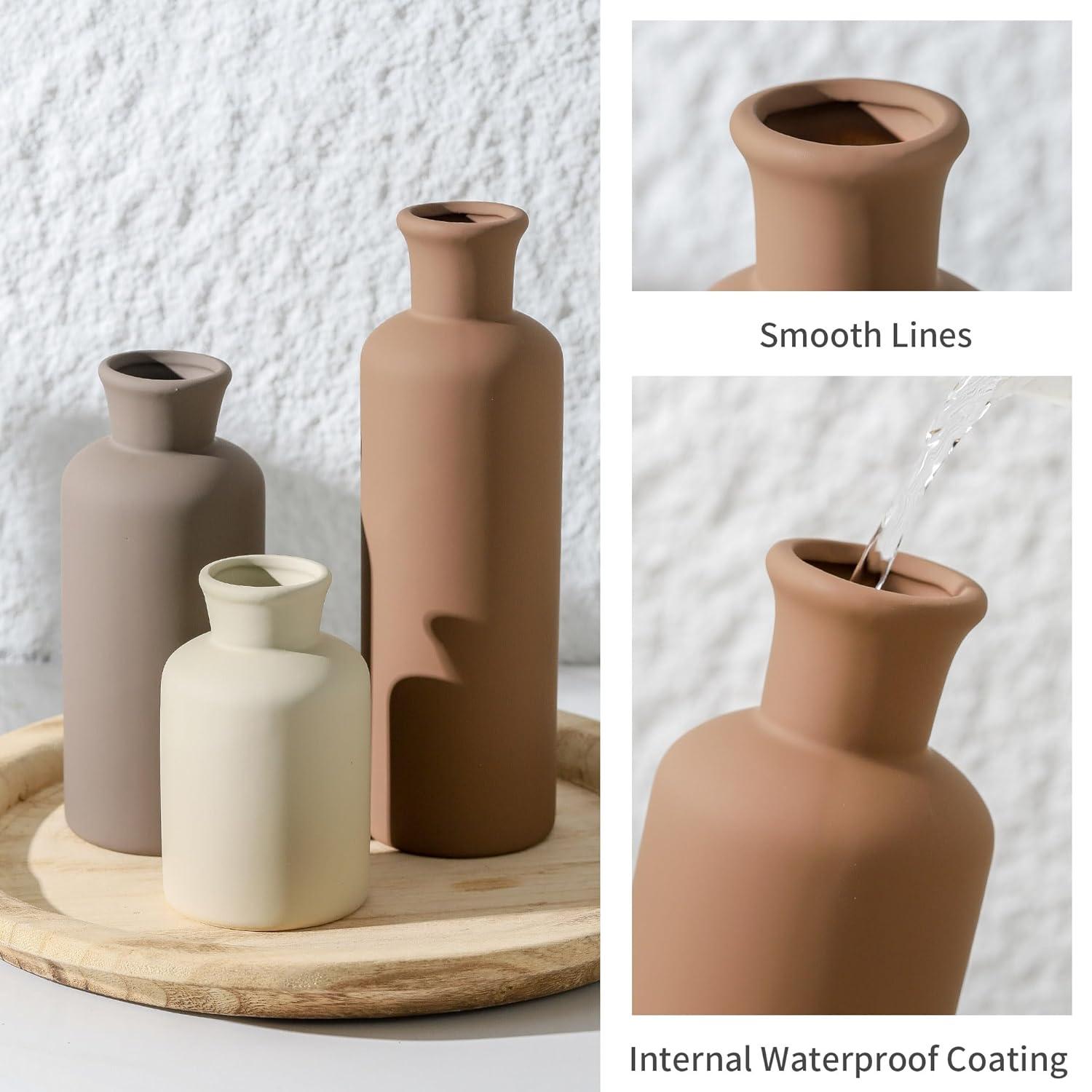 Lark Manor™ Set Of 3 Ceramic Vases, Modern Neutral Home Decor For Farmhouse, Rustic, Or Boho Style - Perfect For Fresh Or Dried Flowers, Table, Mantel, Shelf, Entryway, Living Room, Kitchen, Bathroom - Brown