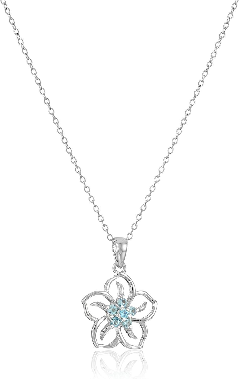 Sterling Silver Aquamarine Flower Pendant Necklace, 18"