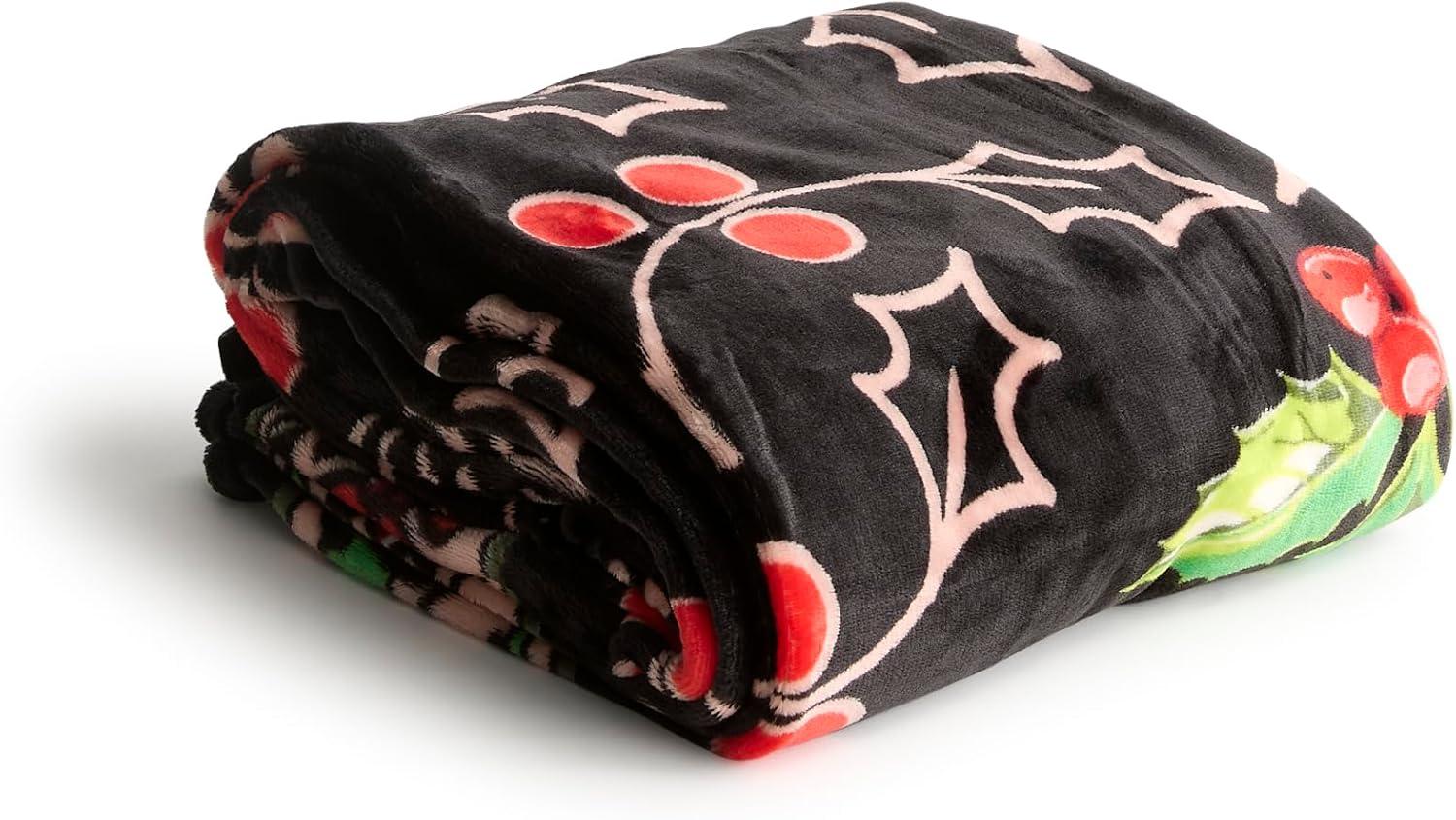 Holly Patterned Black and Red Fleece Throw Blanket