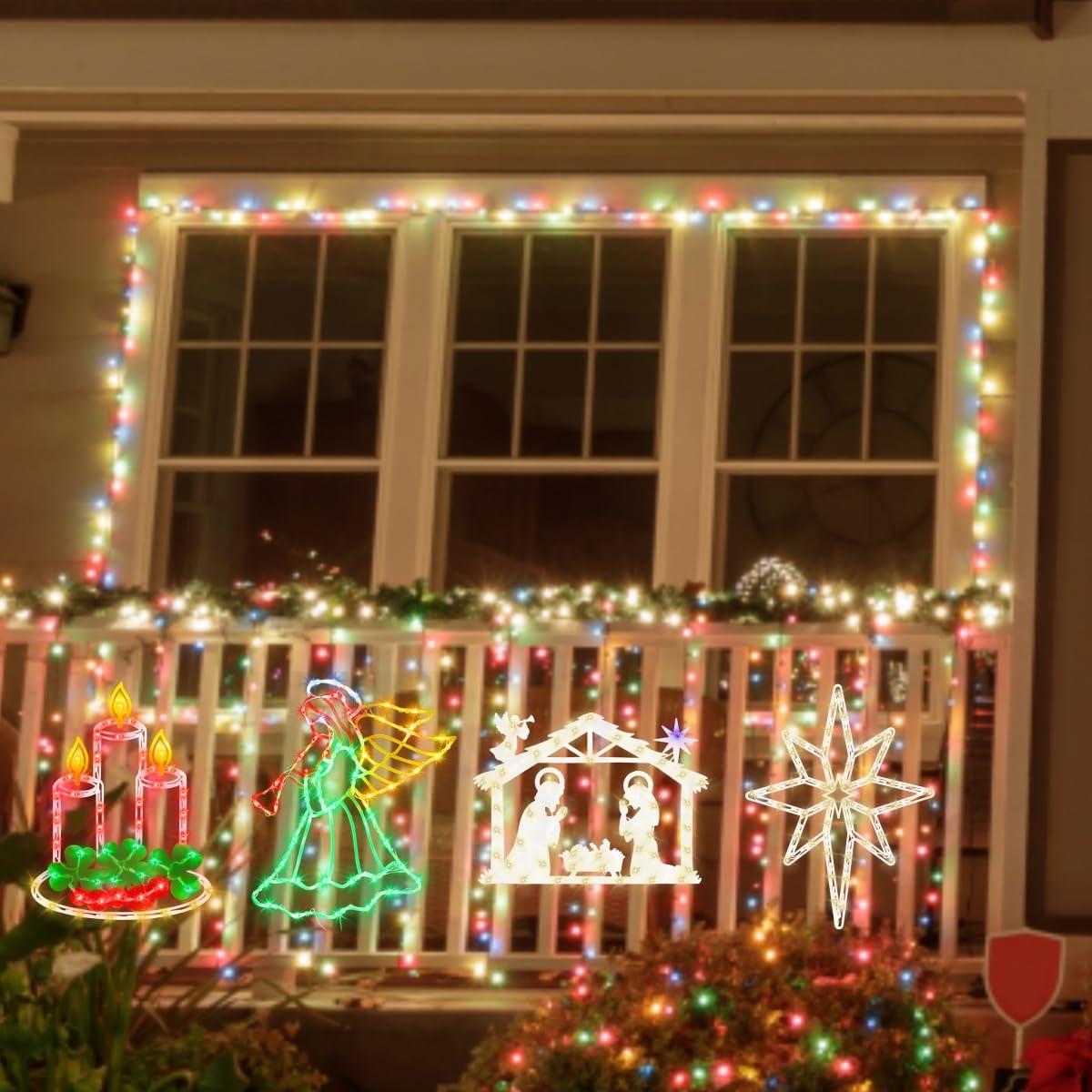 16 Inch Christmas Window Silhouette Lights Decorations, 4 Pack Waterproof Window Hanging Lights Elk, Christmas Tree, Santa Claus, Wreaths for Party, Home Indoor Outdoor Wall - 200 Mini Bulbs