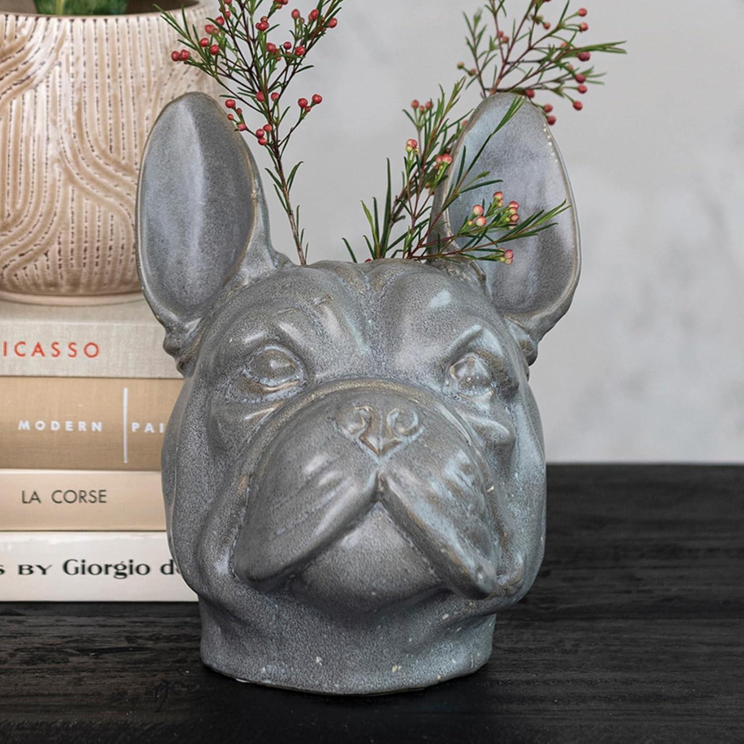 Gray Ceramic French Bulldog Head Vase Planter