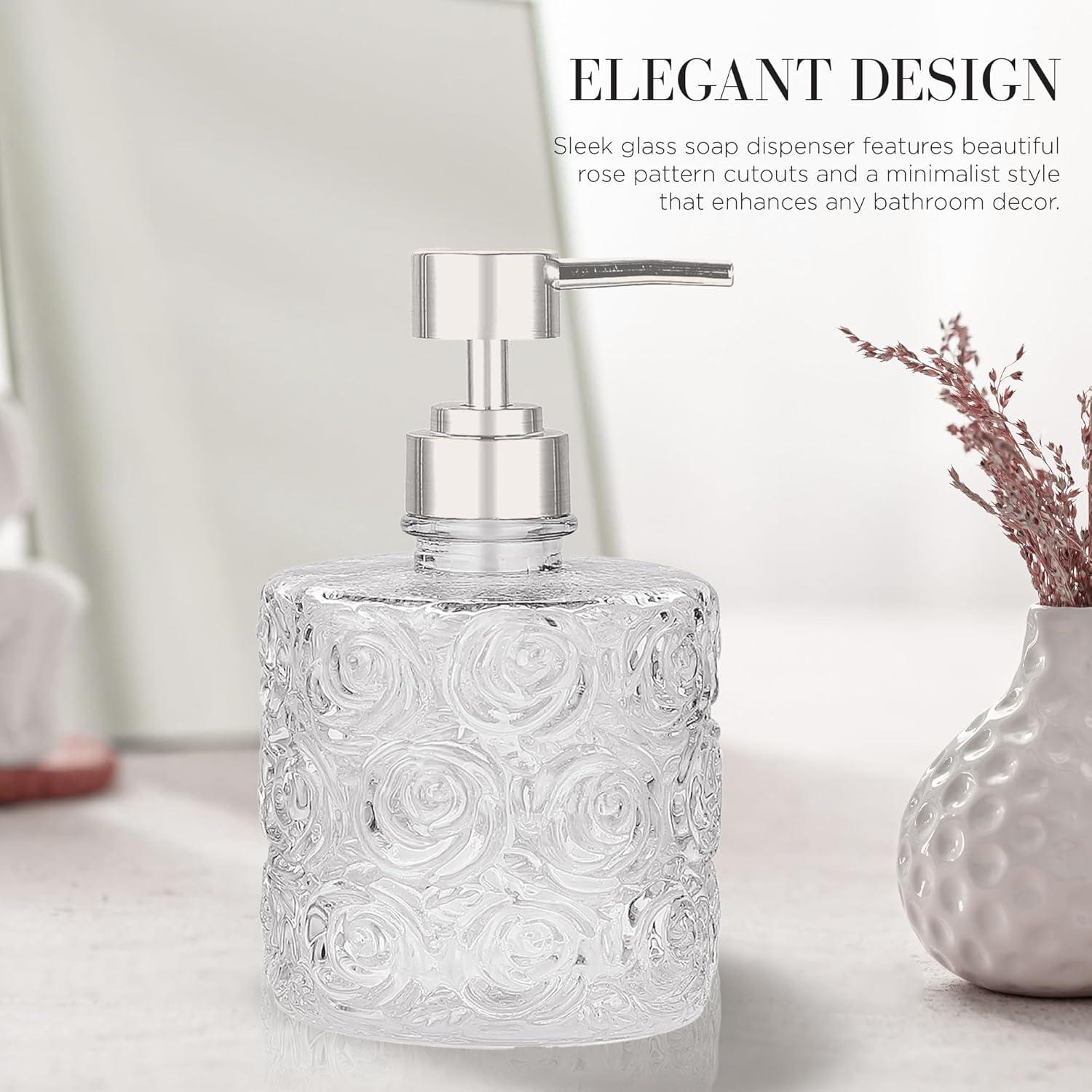 Marcella Glass Soap Dispenser with Soap Pump, Refillable 14 Ounce Capacity, Floral Design Rose Patterns, Heavy Weight Thick Glass for Bathroom, Premium Kitchen Soap Dispenser Peach Blush