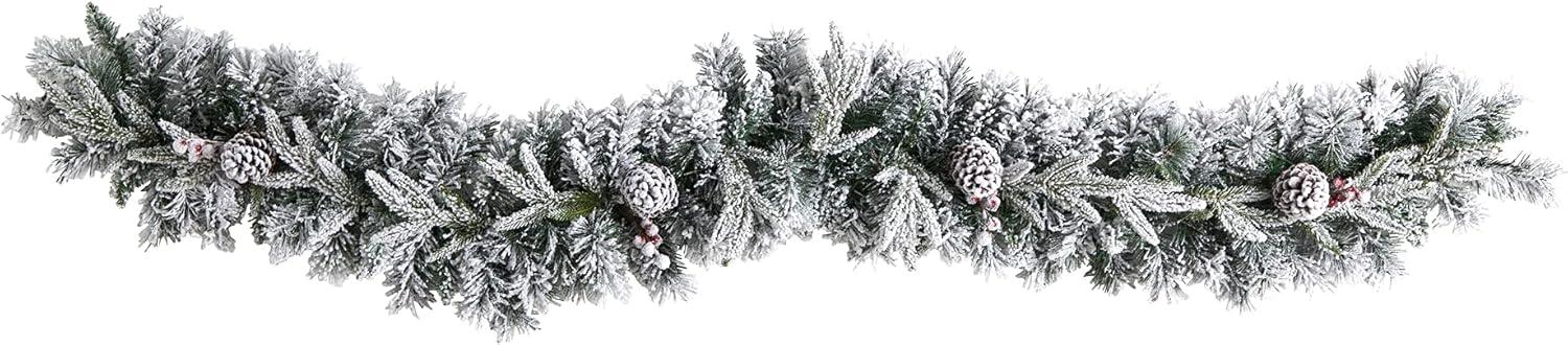 Nearly Natural 6' Pre-lit LED Flocked Mixed Greenery with Pinecones Artificial Christmas Garland: Indoor Holiday Decor, Battery Operated