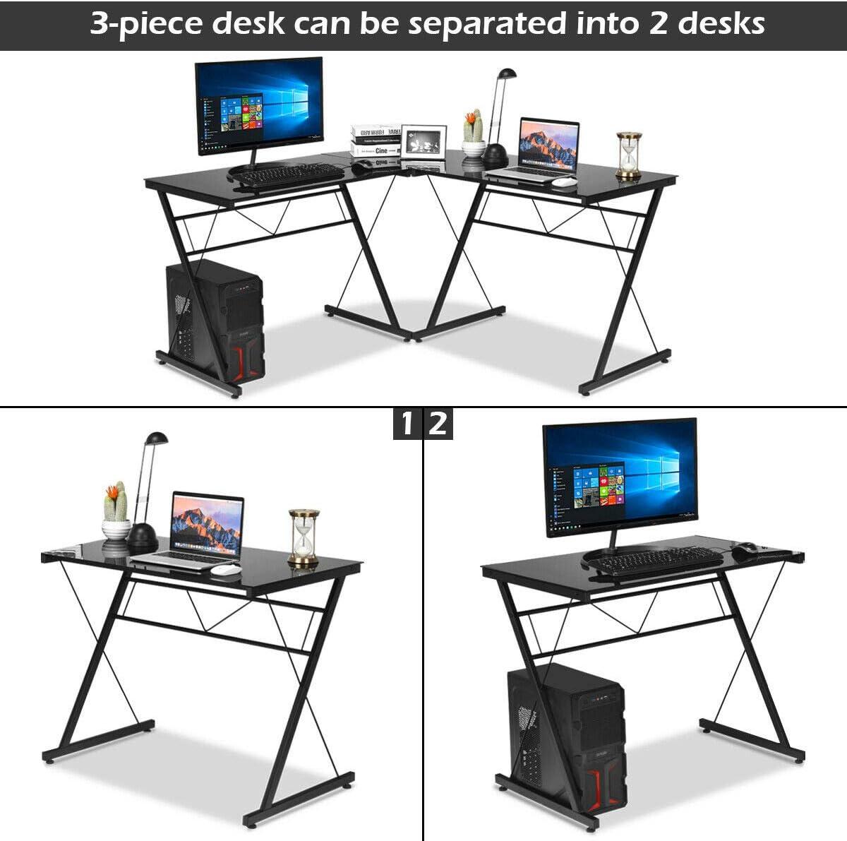 Tangkula L-Shaped, Corner, Modern Simple Style 3-Piece Metal Frame Study Laptop Desk Writing Gaming Table, Computer Workstation Top, Home Office Studio, Black