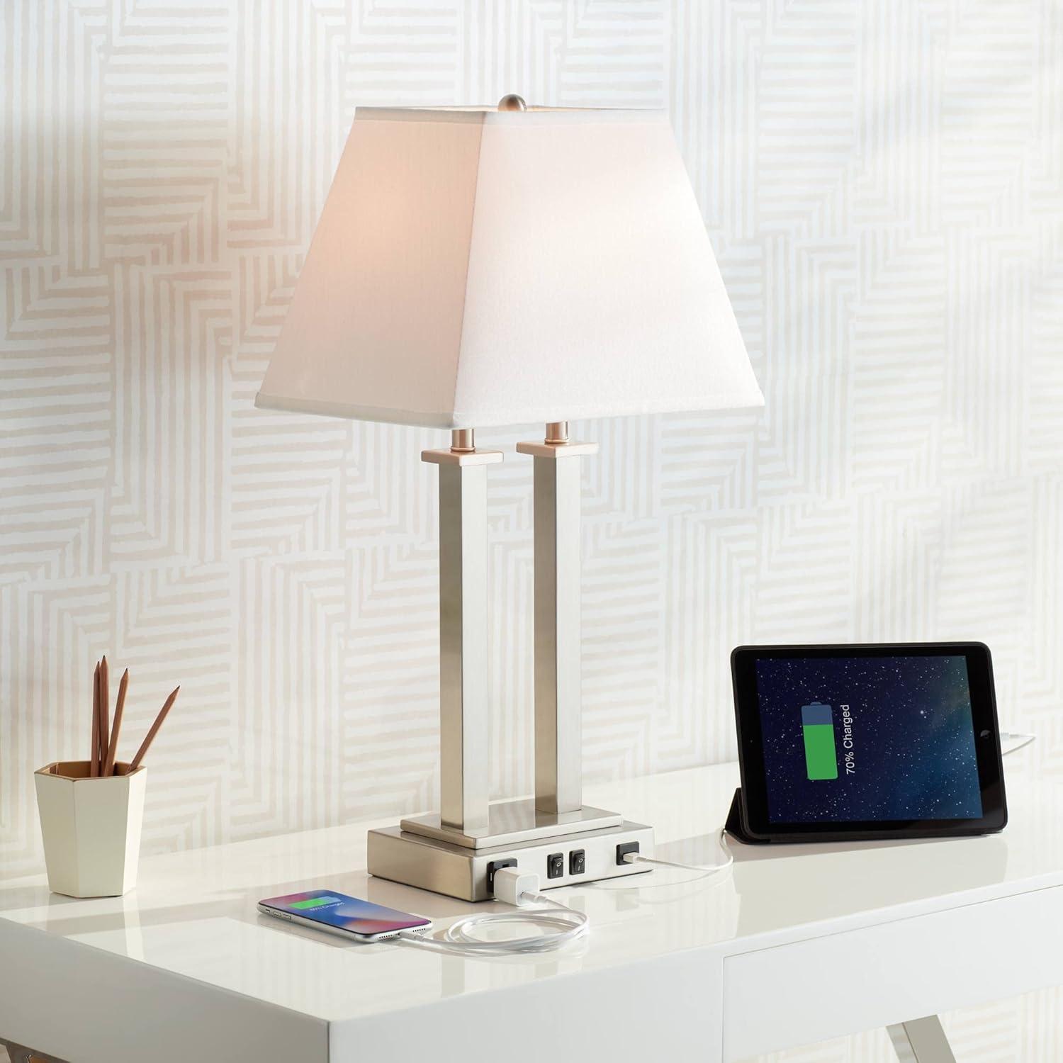 Possini Euro Design Amity Modern Table Lamp 26" High Brushed Nickel with USB and AC Power Outlet in Base White Linen Shade for Bedroom Bedside Desk