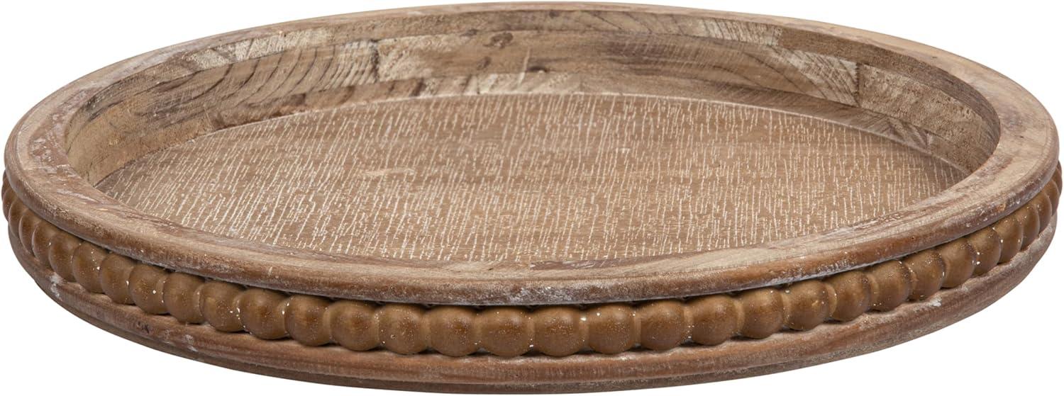 Whitewashed Round Decorative Wood Tray with Beaded Edge