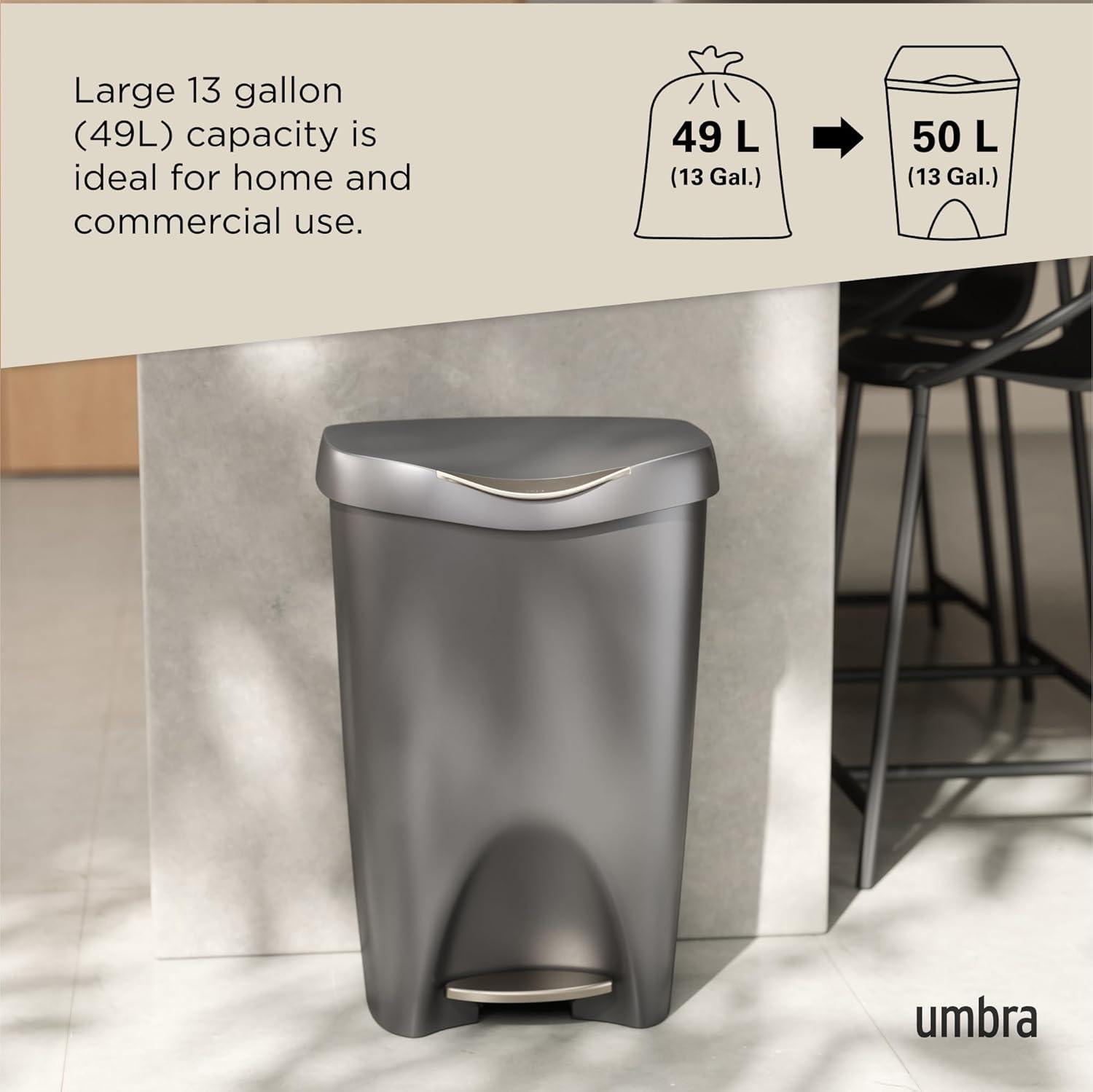 Umbra 13gal Brim Step Trash Can Nickel: Kitchen Trash Can, 50 Quart, Polypropylene, Indoor, Silver