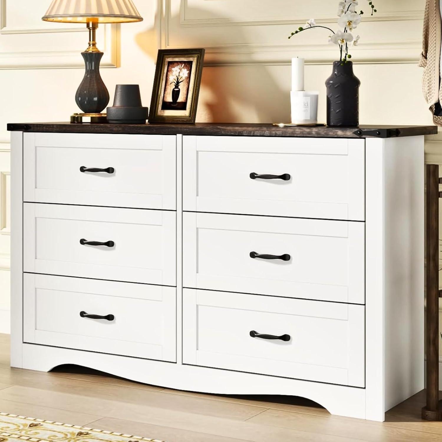 Coulten 6 Drawer 46.4" W Farmhouse 6 Drawers Double Dresser for Bedroom, Modern White Dresser Chest of Drawers, Wide Dressers Organizer, Accent Storage Cabinet for Closet, Living Room, Hallway