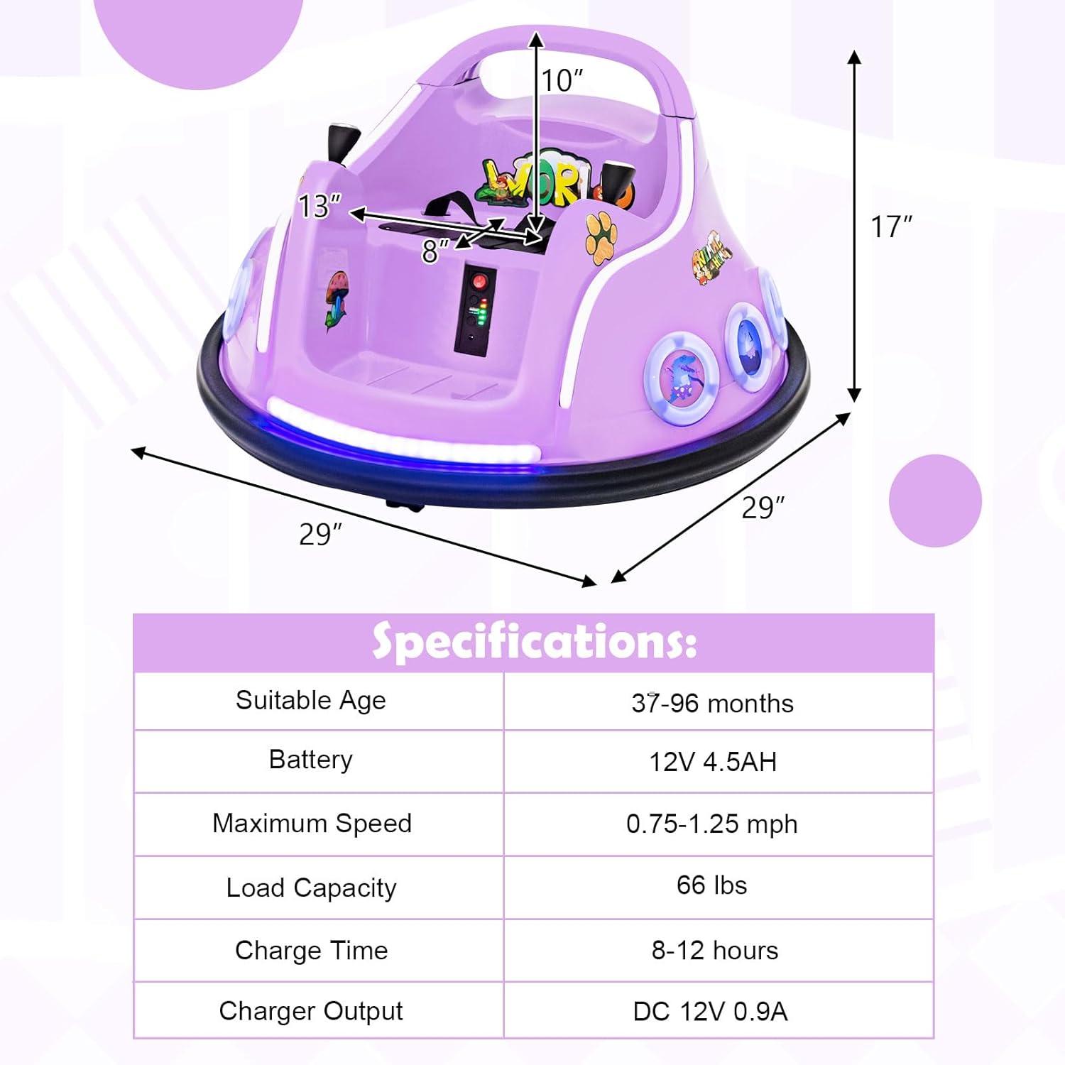Costway 12V Kids Ride on Bumper Car Remote Control w/ Flashing LED Light & Music Purple