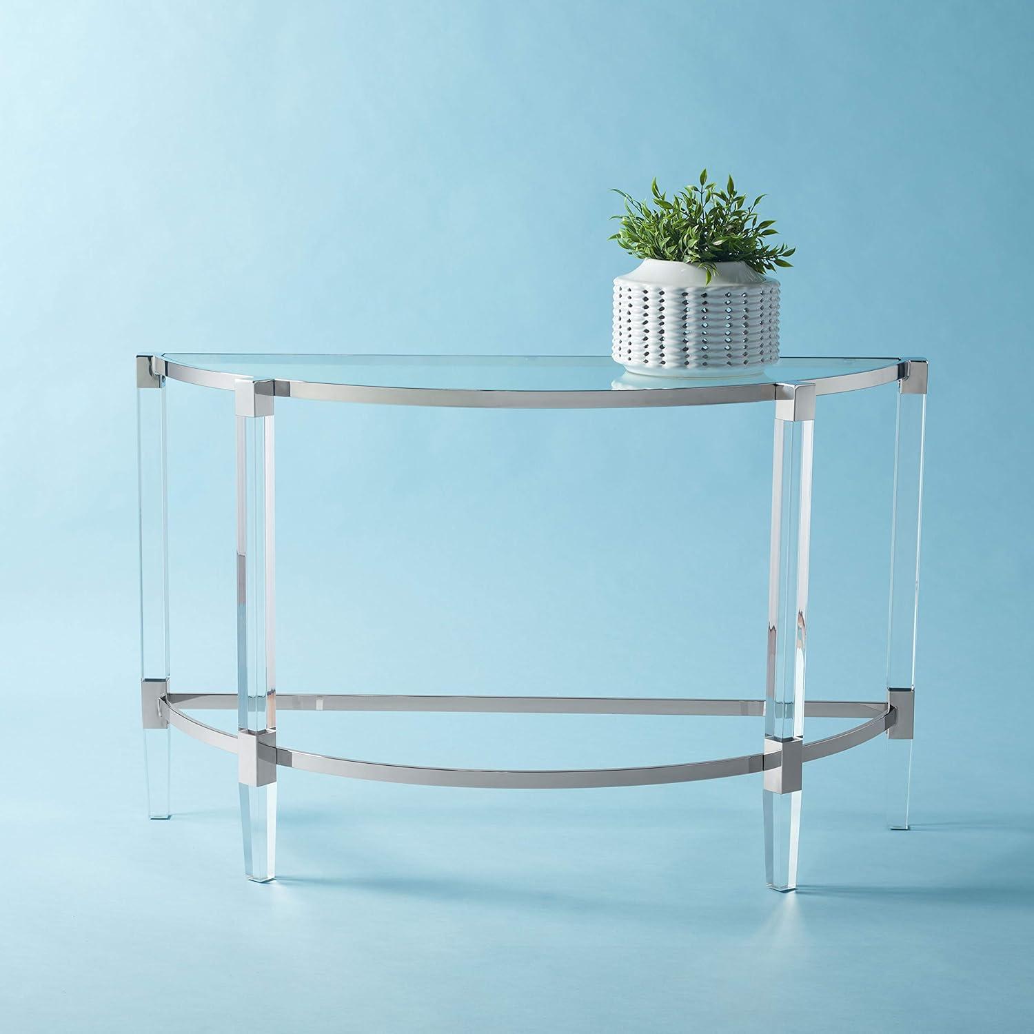 Elegant Demilune Silver Console Table with Acrylic Legs and Storage