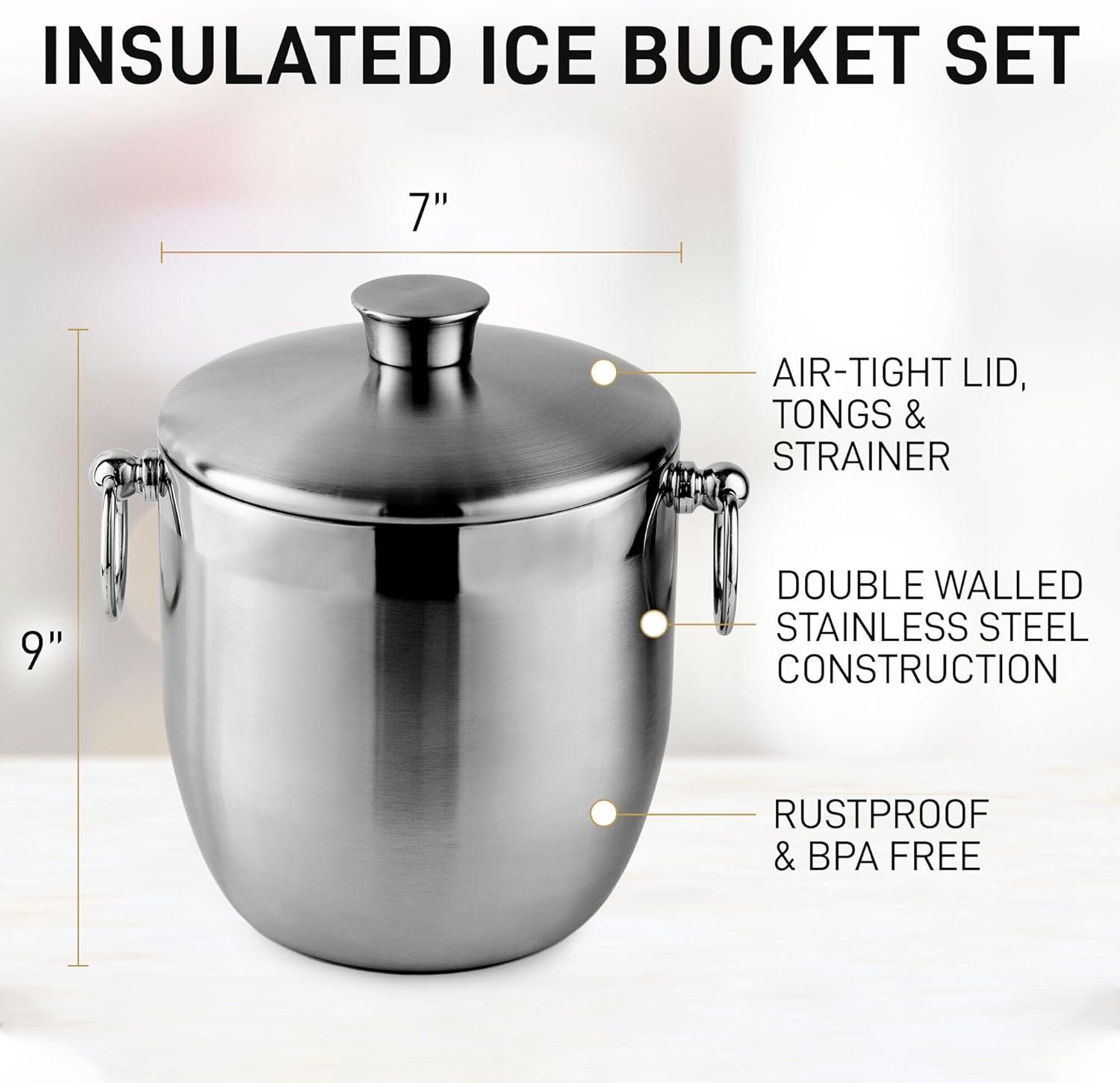 Zulay Kitchen Ice Bucket 3L Double-Wall Insulated Stainless Steel Ice Bucket Lid Strainer & Tongs