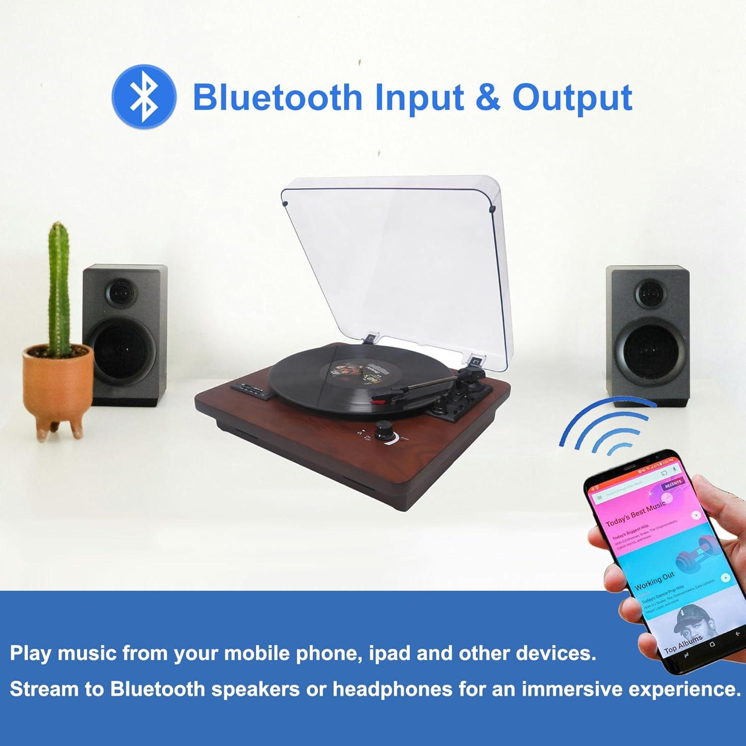 Bluetooth Record Player, 3 Speed Turntable with Built-in Speakers, Bluetooth Input & Output, FM Radio, USB/SD/MMC Support, RCA Output, AUX in, Earphone Jack