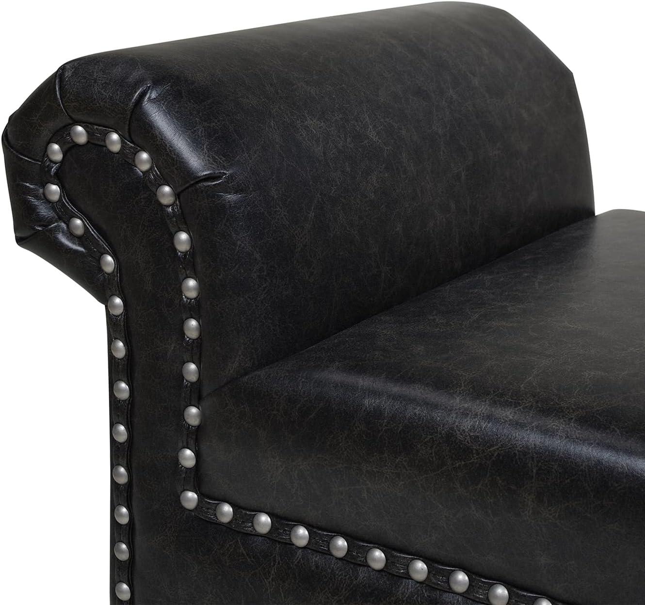 Kathy Roll Arm Entryway Accent Bench Vintage Black Brown Faux Leather