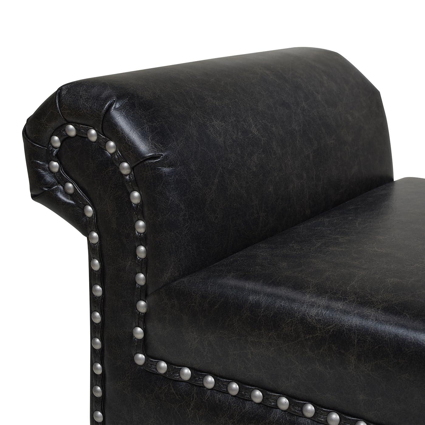 Kathy Roll Arm Entryway Accent Bench Vintage Black Brown Faux Leather