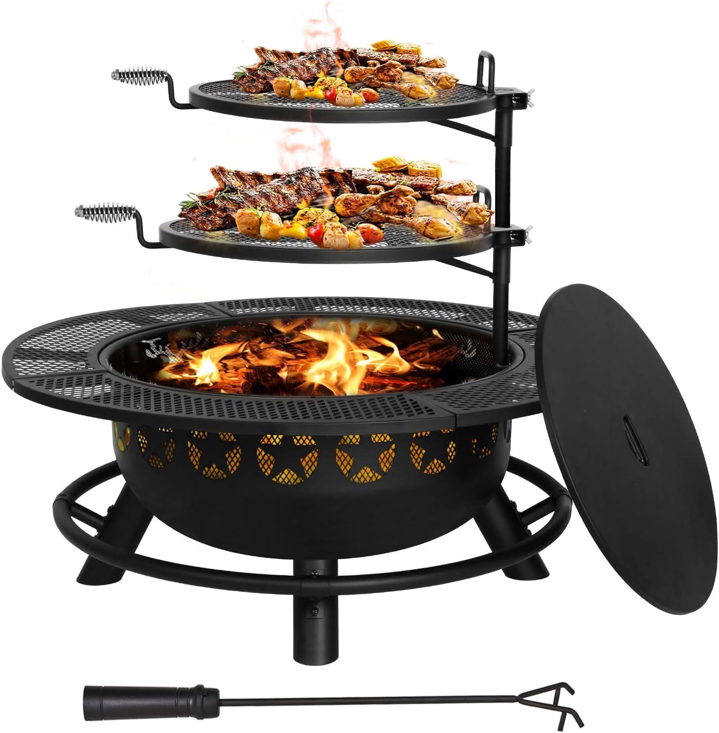 Black Powder Coated Steel Round Fire Pit with Grates