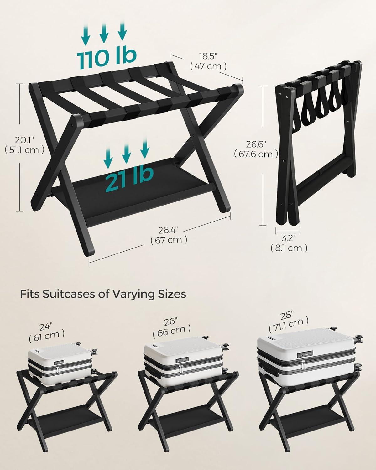 Bisiot Luggage Rack, Folding Suitcase Stand With Storage Shelf Holds Up To 131 Lb