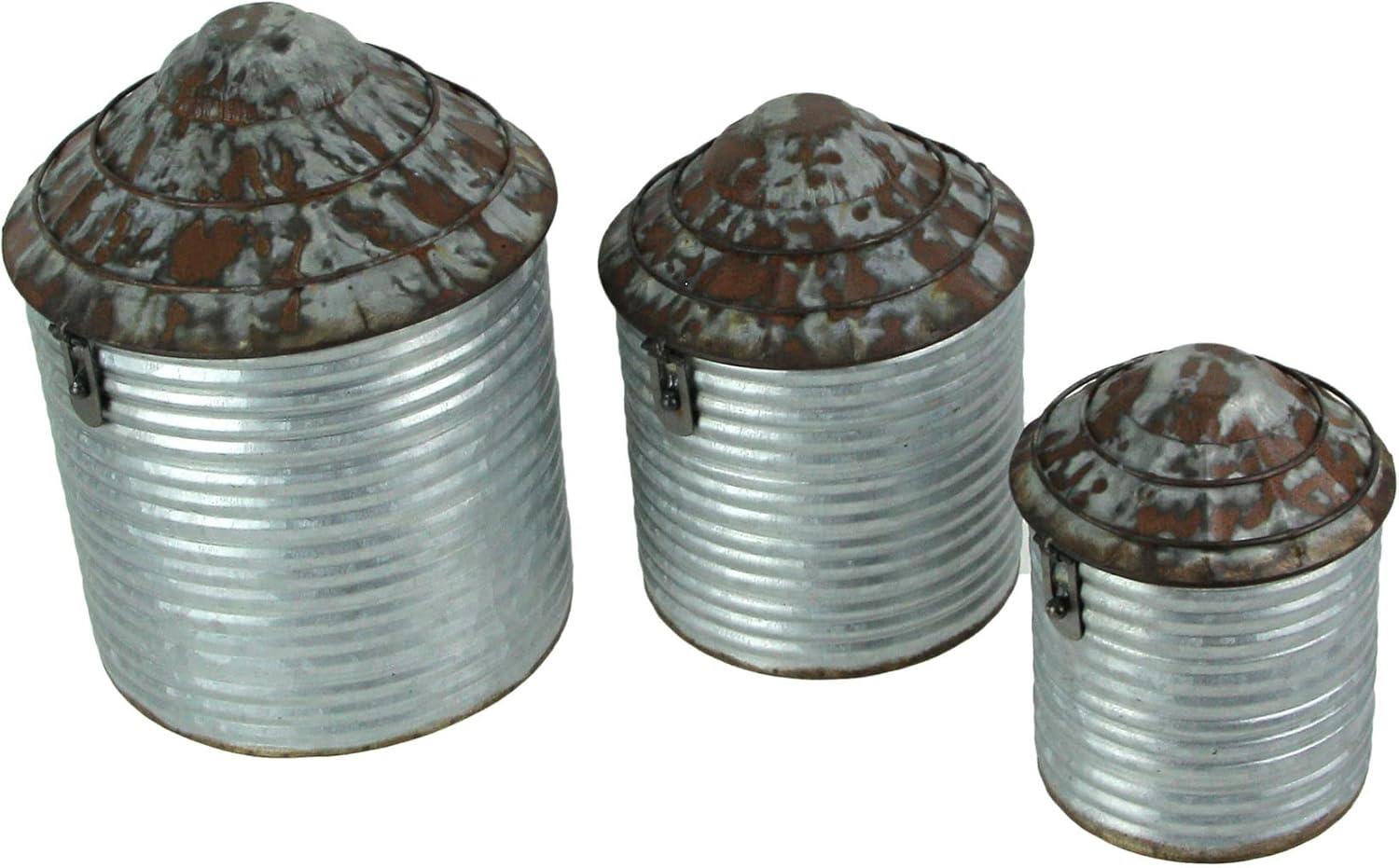 Zeckos Silver Galvanized Metal Farmhouse Style Silo Canister Set of 3