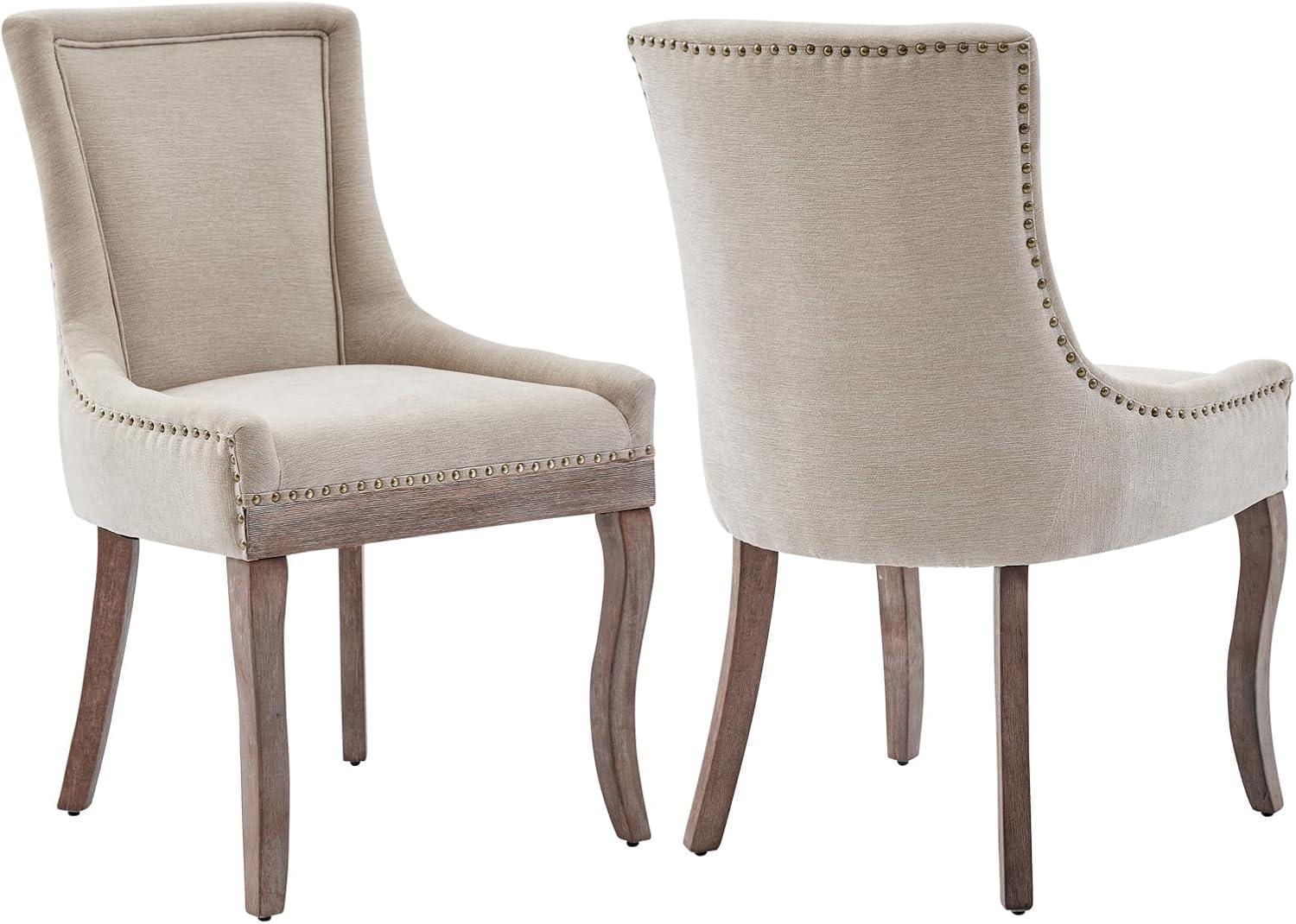 Beige Upholstered Linen Side Chair with Wood Legs, Set of 2