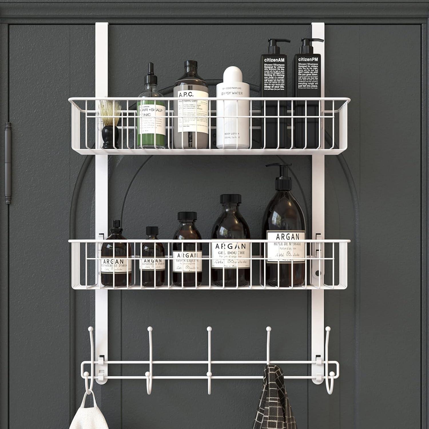 White Over Door Organizer with Hooks and Mesh Baskets