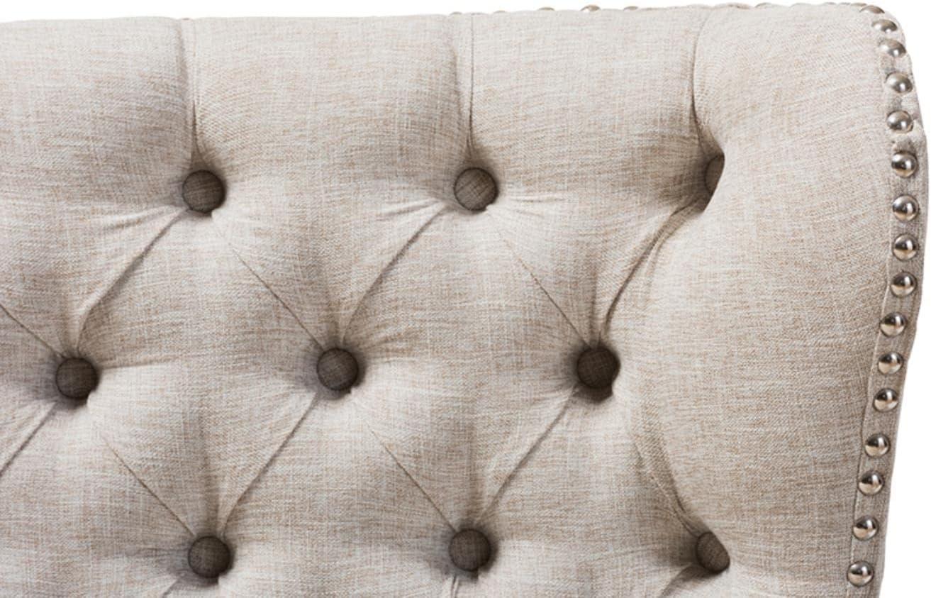 Baxton Studio Scarlett Mid-Century Modern Brown Wood and Light Beige Fabric Upholstered Button-Tufting with Nail Heads Trim 2-Seater Loveseat Settee