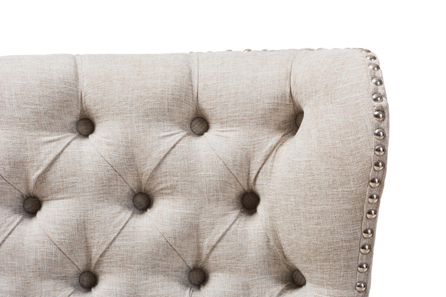 Baxton Studio Scarlett Mid-Century Modern Brown Wood and Light Beige Fabric Upholstered Button-Tufting with Nail Heads Trim 2-Seater Loveseat Settee