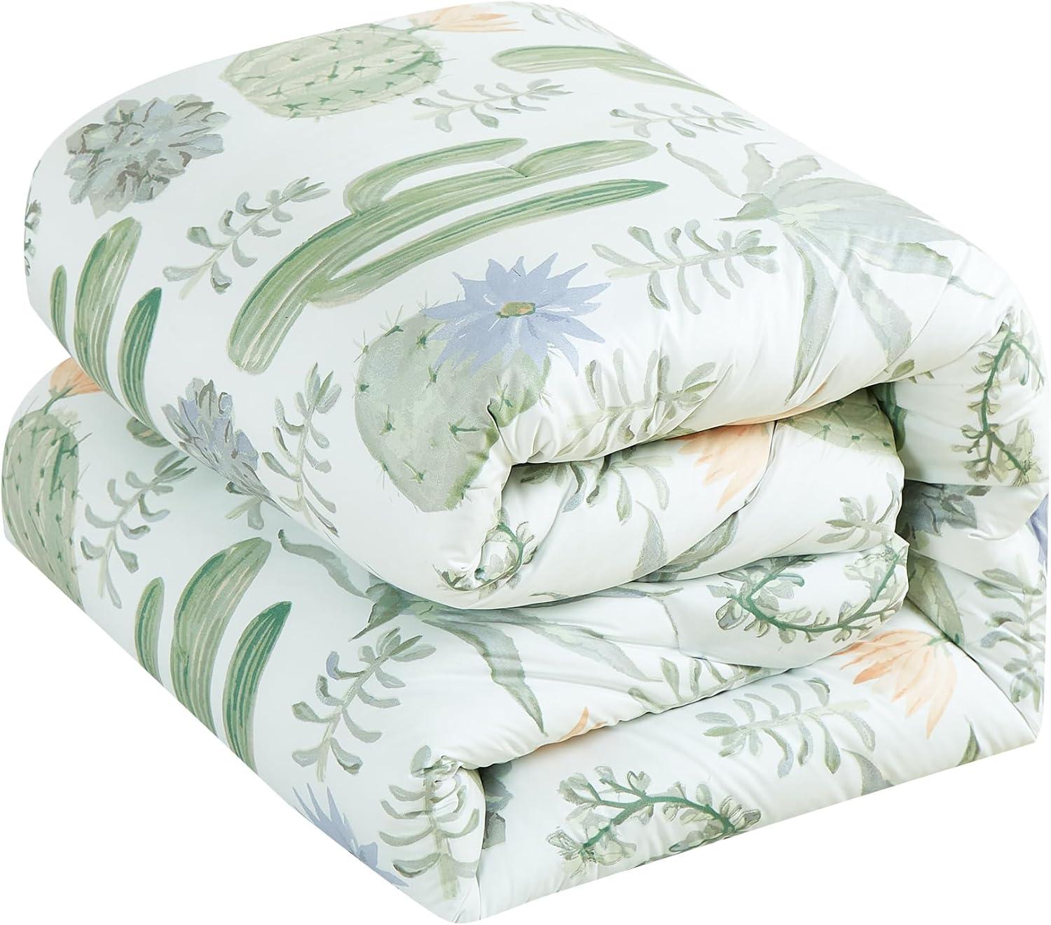 Chezmoi Collection Cereus 3-Piece Southwestern Serene Desert Comforter Set, Green Blue Cactus Succulent Plant Printed Washed Microfiber Bedding, Full