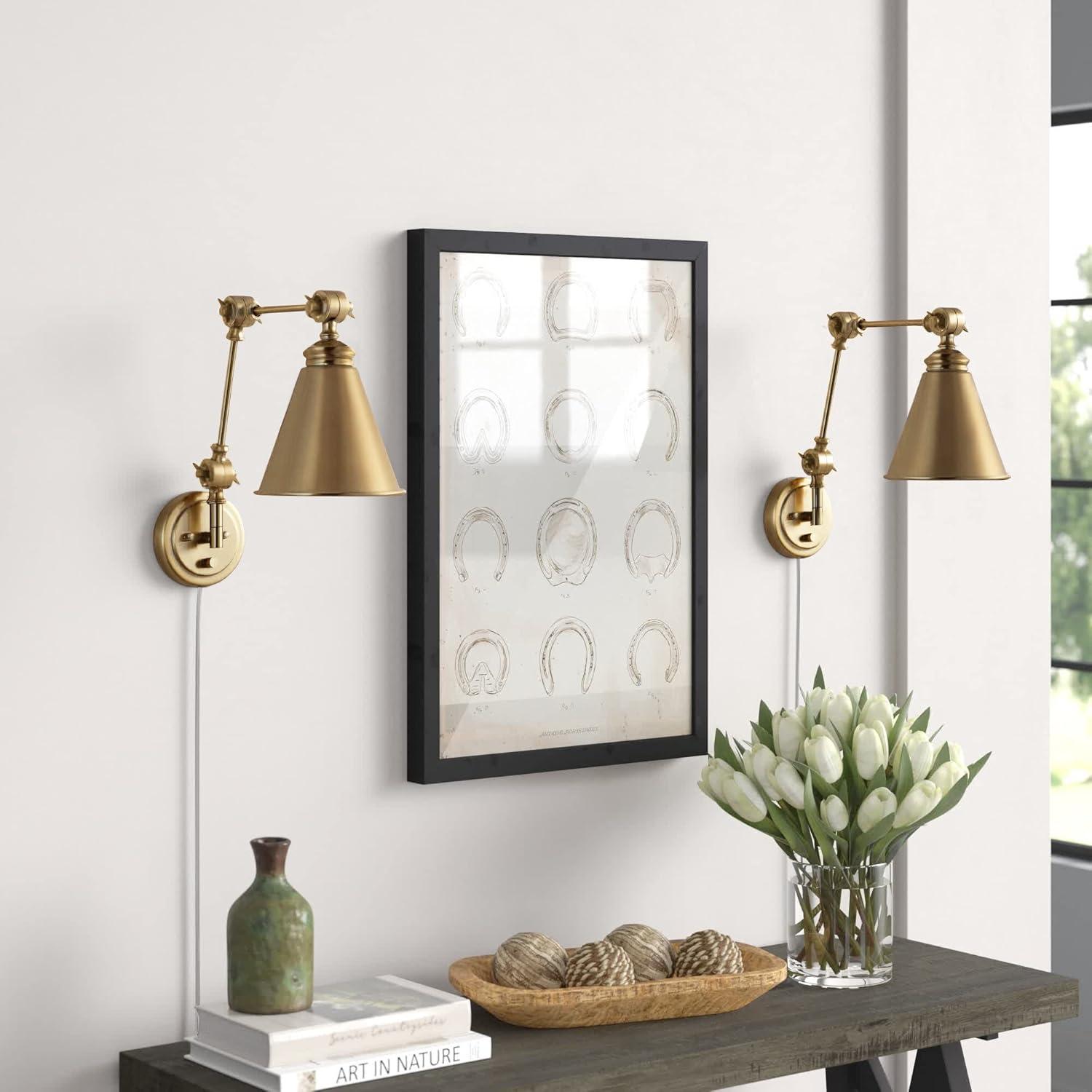 Set of 2 Swing Arm Wall Sconce, Gold Finish Wall Sconces Adjustable Wall Lamps with Metal Lampshade Modern Wall Lighting Fixture Decor for Bedroom Entryway Living Room Hallway