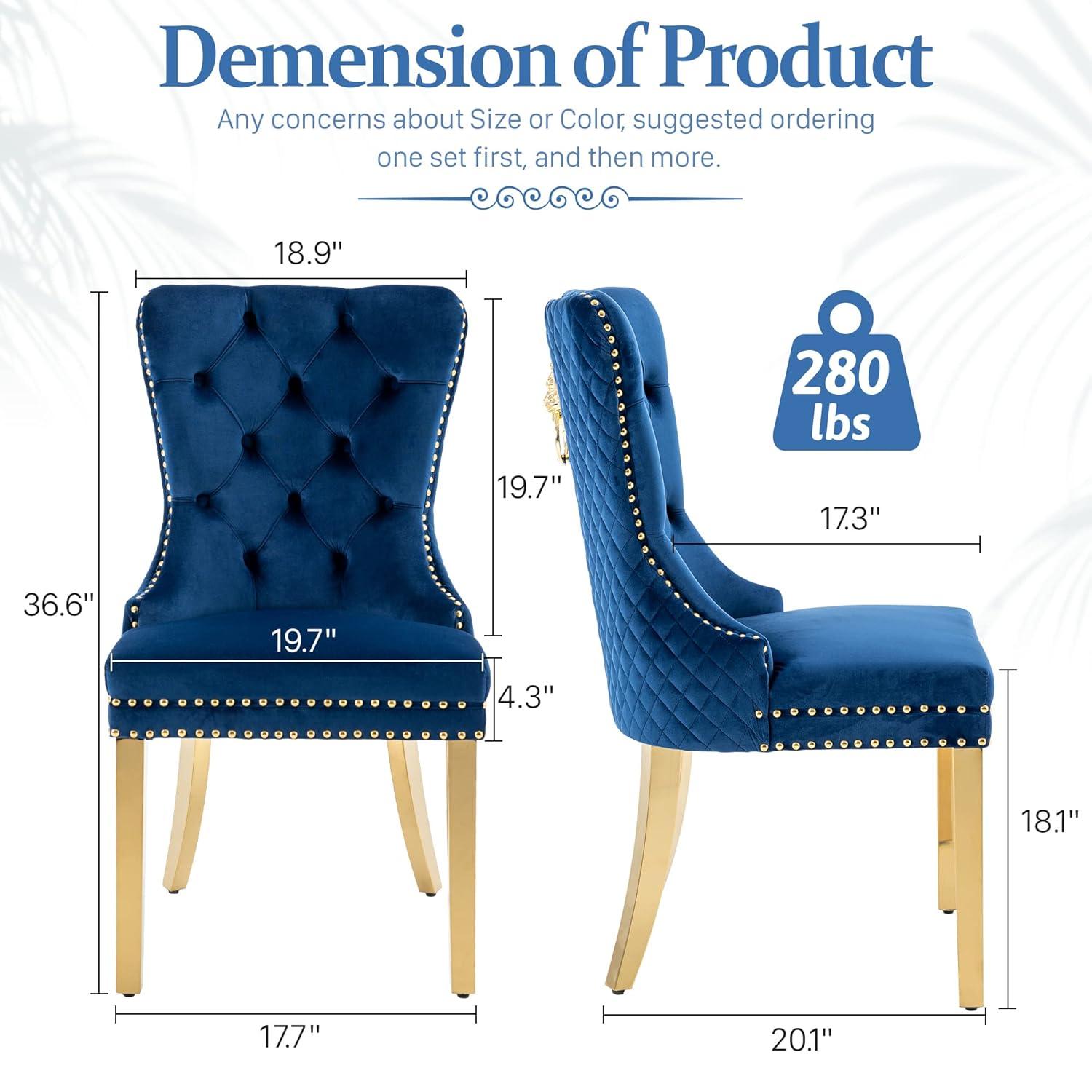 Velvet Upholstered Dining Chairs, Set of 2, Dining Room Tufted Chair, Modern Button Tufted Armless Chairs with Nailhead Trim and Back Ring Pull, Gold Legs, for Dining Room, Kitchen, Navy