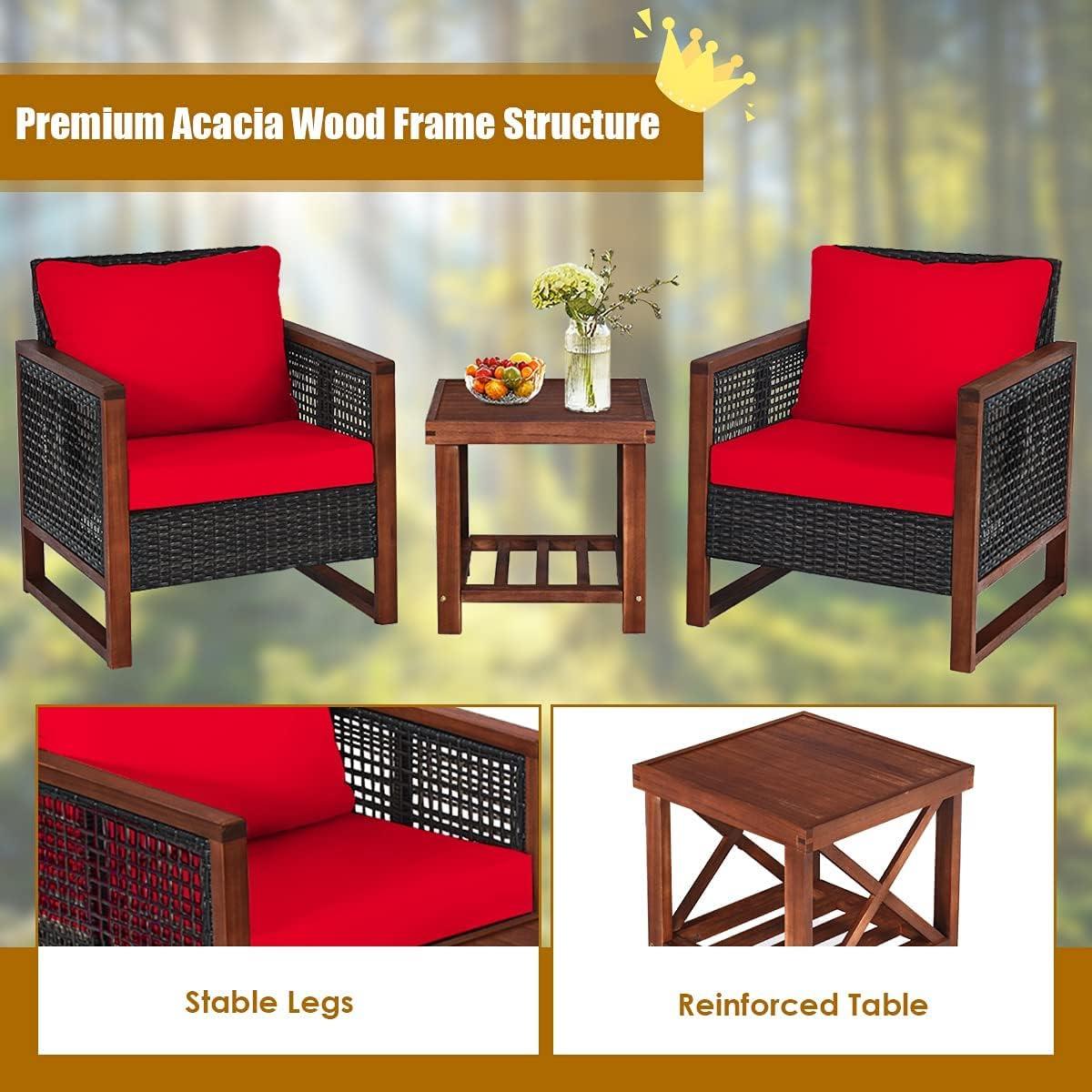 Costway 3PCS Patio Wicker Furniture Set Solid Wood Frame Cushion Sofa w/ Square Table Shelf Red