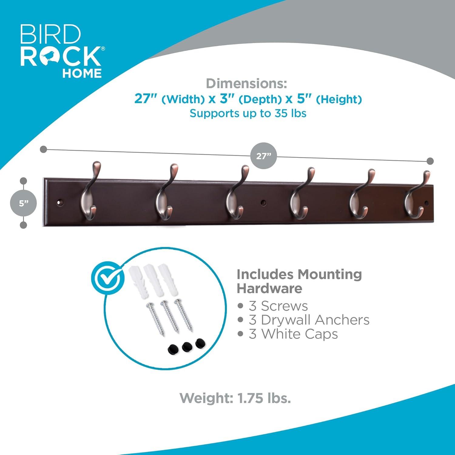 BirdRock Home Hook Coat and Hat Rack - 6 Hooks - 27 Inches - Wall Mount - Oil Rubbed Bronze Hooks - Dark Brown