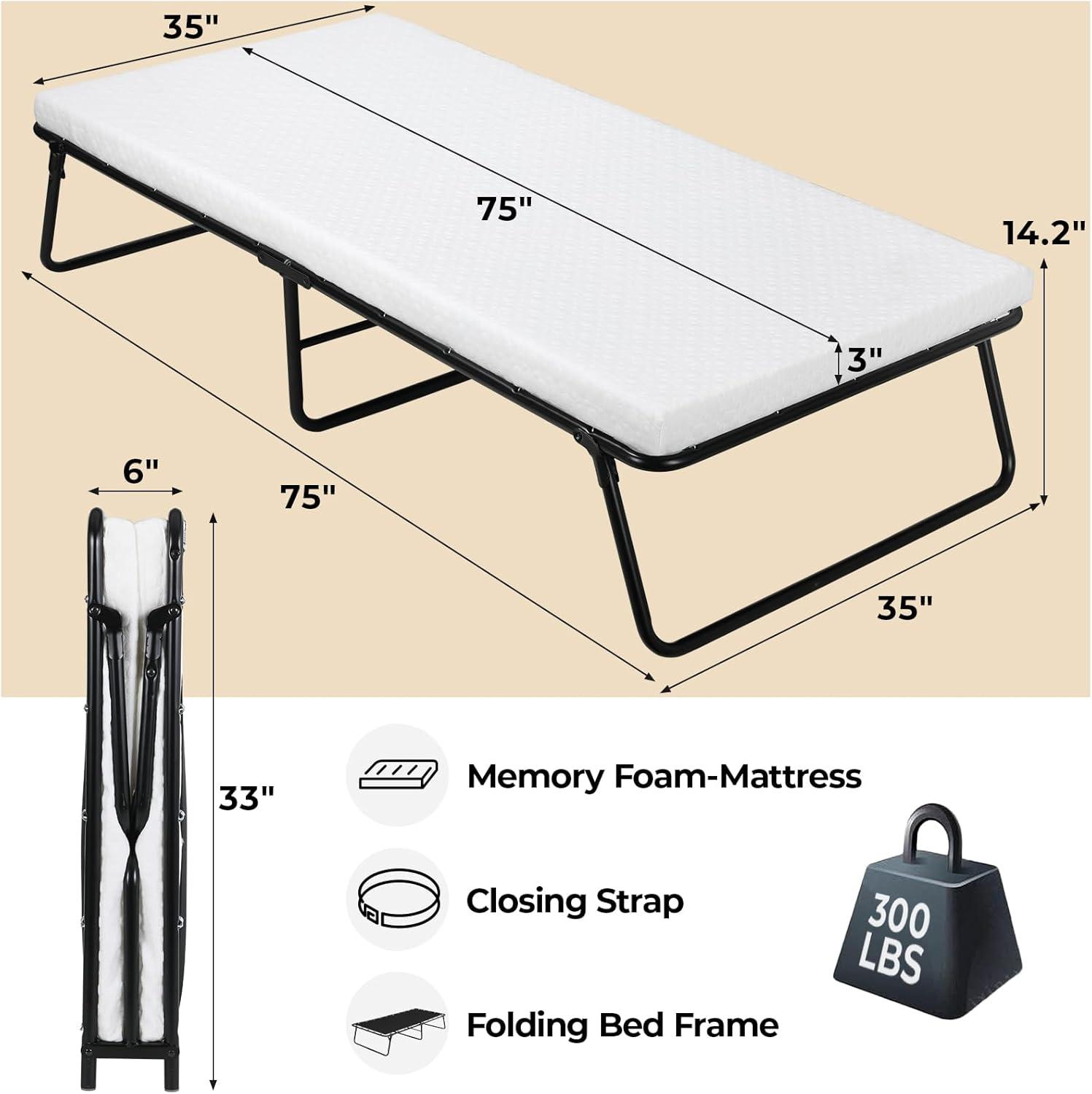 MAMIZO Folding Bed 75" x 35", 4 in Wider Rollaway Bed with Mattress for Adults, Portable, Metal Frame with Memory Foam Mattress, No Assembly Required (75" x35" x14")