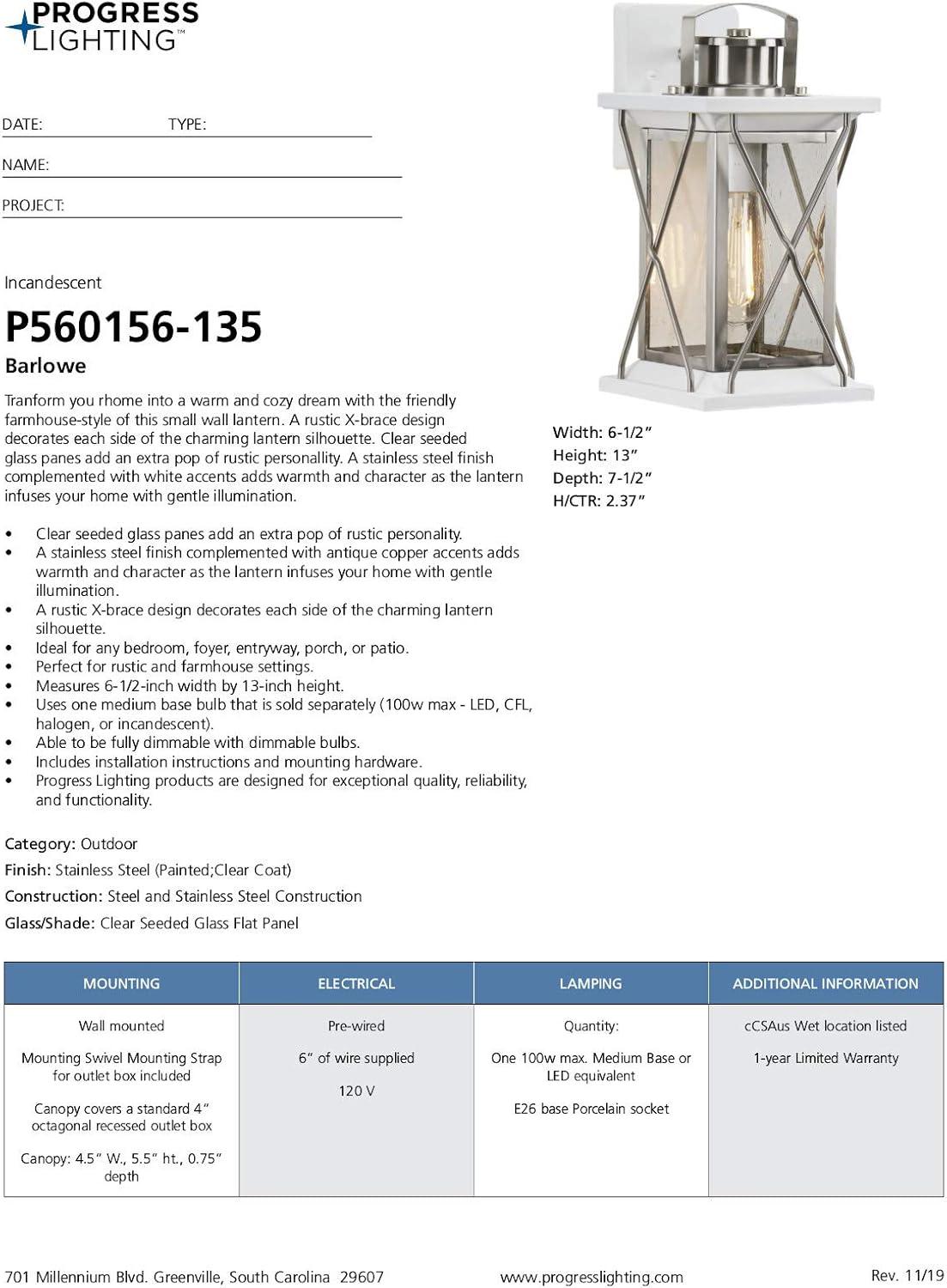 Progress Lighting Barlowe 1-Light Small Wall Lantern, Stainless Steel, Clear Seeded Glass