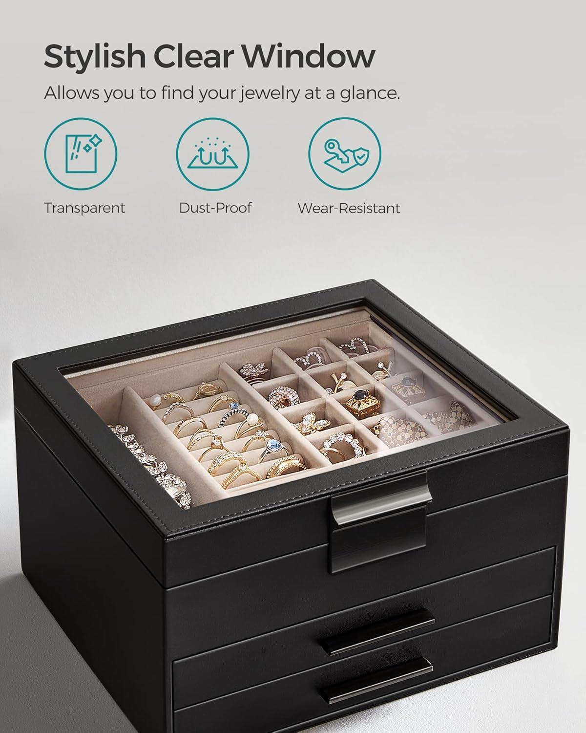 Glass Lid Jewelry Box with Glass Jewelry Organizer Case for Rings Necklaces Earrings Black and Silver