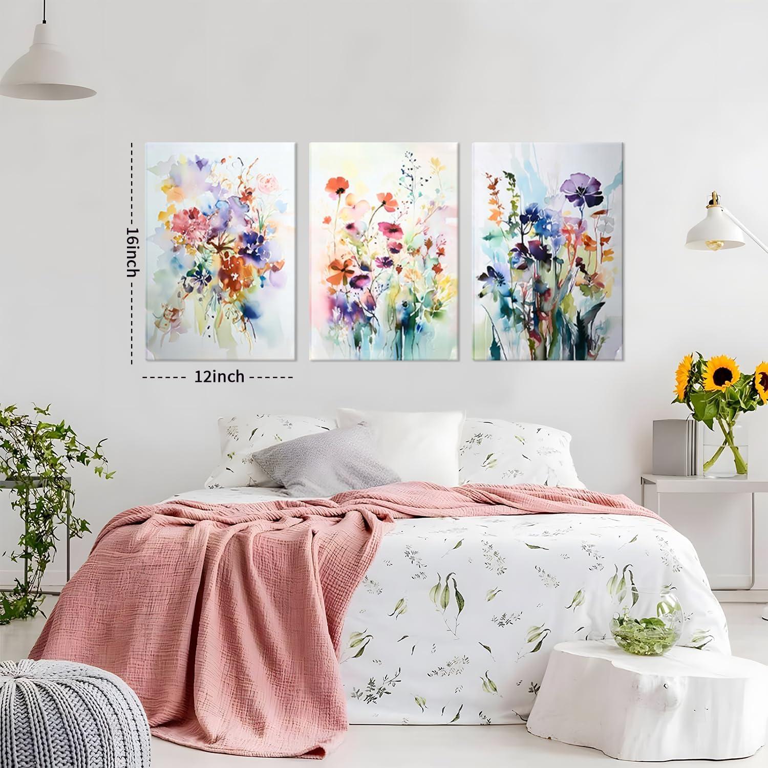 JRXY 3 Pcs Framed Watercolor Floral Botanical Canvas Wall Art Colorful Wildflower Plant Paintings Prints Posters 12x16 in