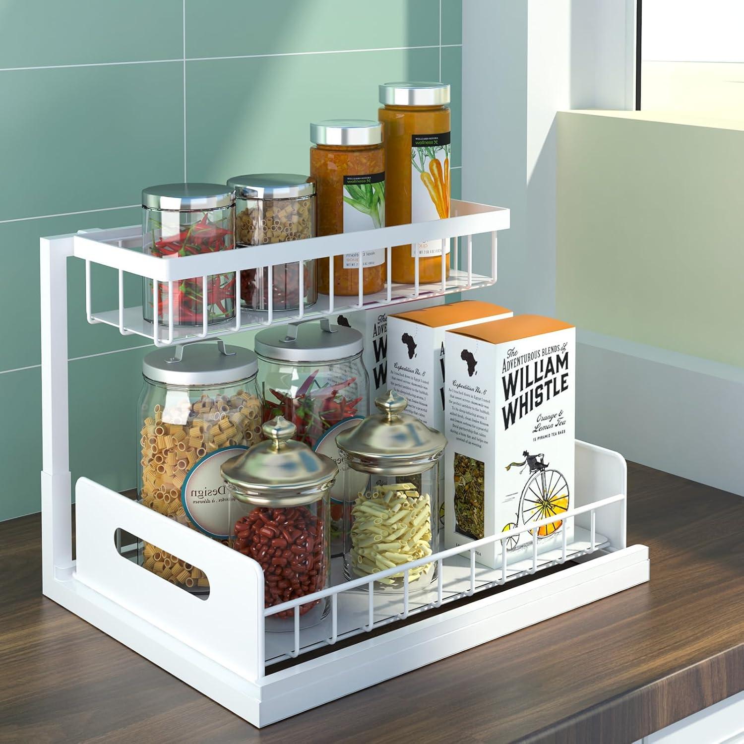 Delamu 2 Pack Under Sink Organizer and Storage, 2 Tier Pull Out Cabinet Organizer, Slide Out Under Sink Storage Shelf for Kitchen Bathroom, White