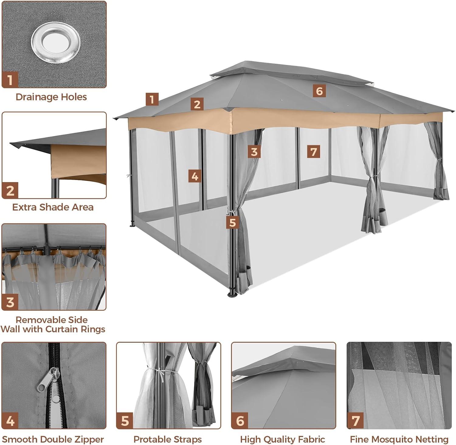 Hoteel 12X20 Heavy Duty Outdoor Patio Gazebo with Mosquito Netting and Curtains, Canopy Tent Deck Gazebo with Double Roofs and Metal Steel Frame for Party, Backyard, Deck, Garden, Gray