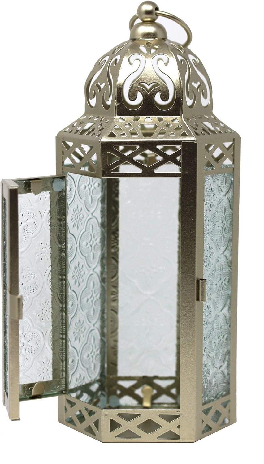 Moroccan Lantern Decorative Candle Holder for Decor, White Gold, Medium