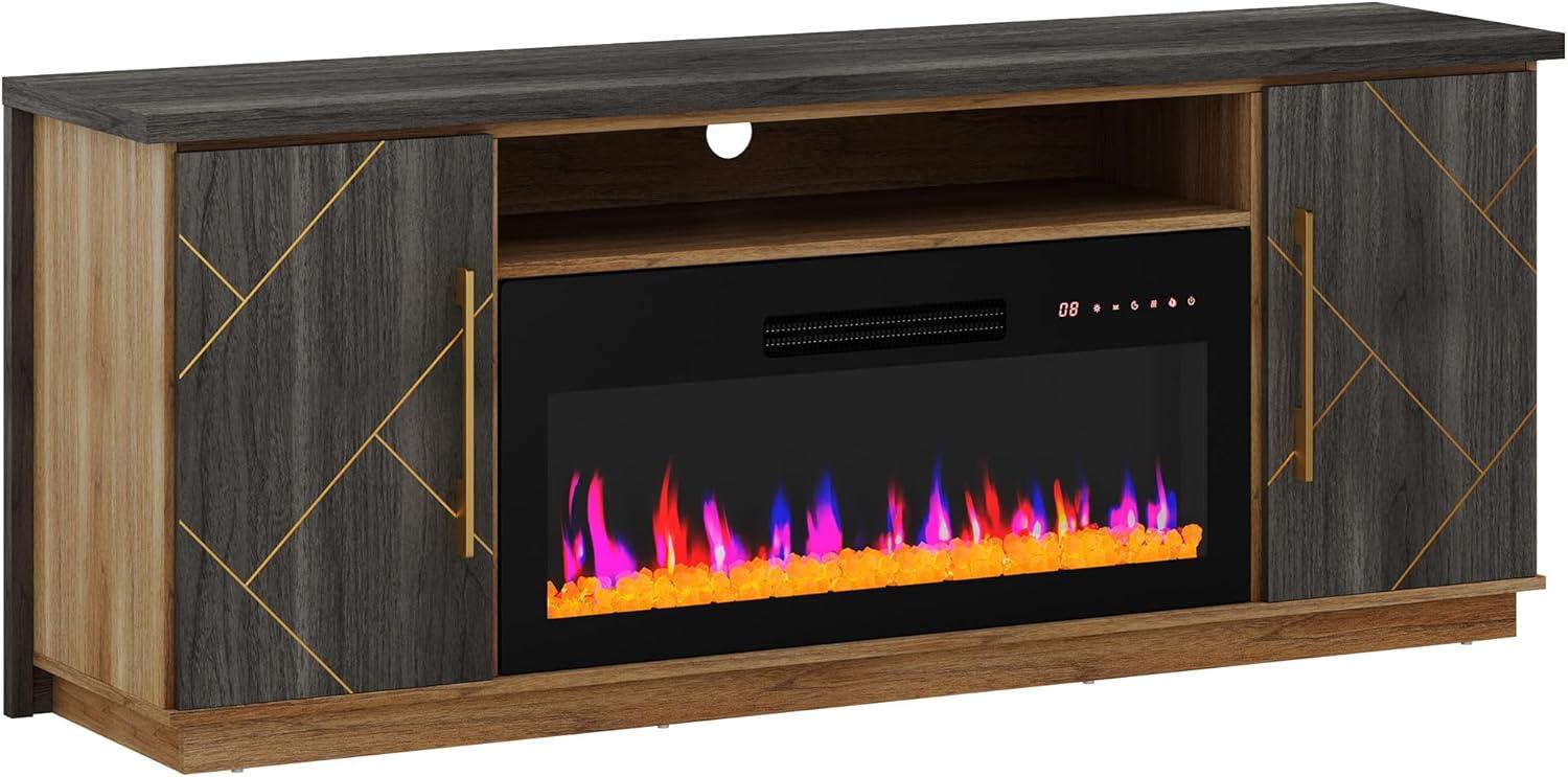 BELLEZE 68 Inch Electric Fireplace TV Stand With Gold Grim, Elegant Entertainment Center With Storage, Media Console With Drawers & Open Shelves for Living Room, Bedroom Home Theater (Espresso Black)