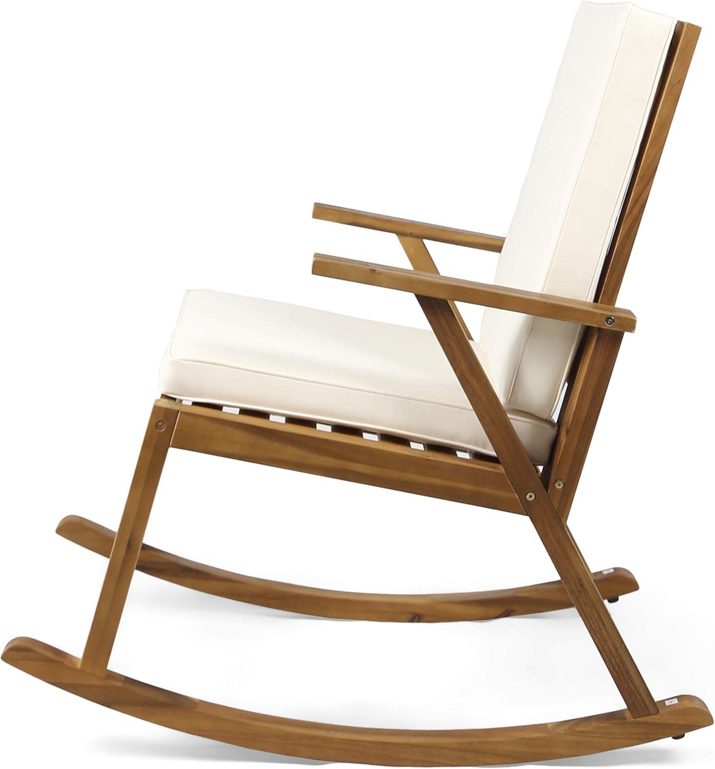 Teak Finish Acacia Wood Outdoor Rocking Chairs with Cream Cushions, Set of 2