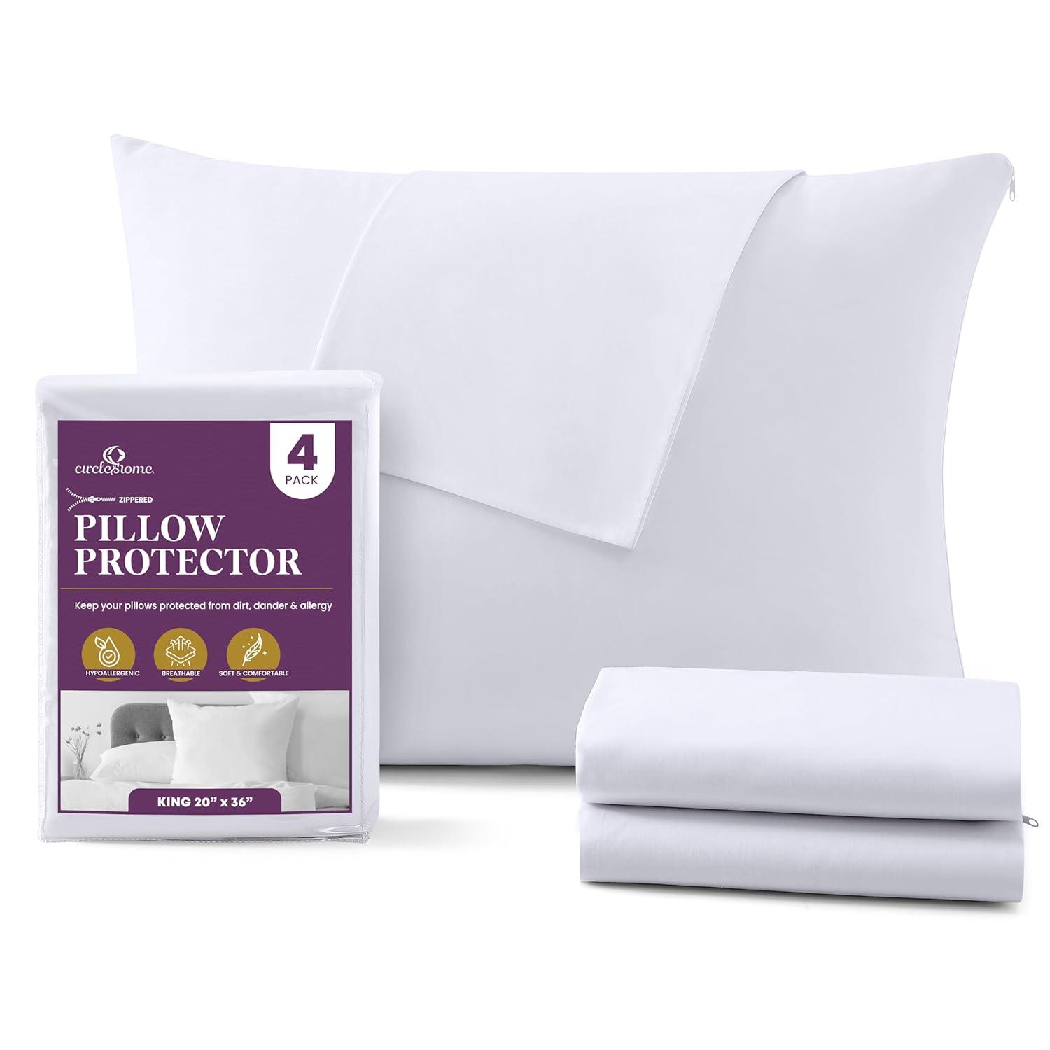 Circles Home 100% Cotton Breathable King Pillow Protector with Zipper – (4 pack)